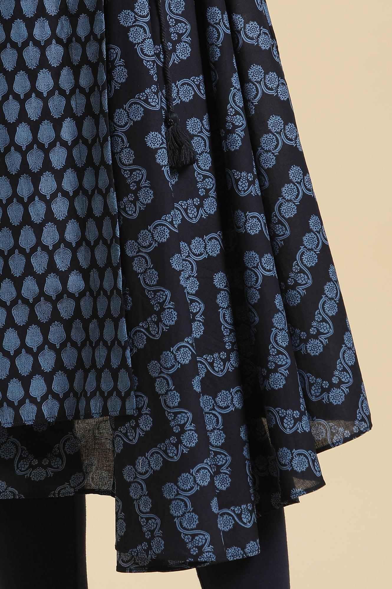 Blue Mock Wrap Print Mix Kurta - wforwoman