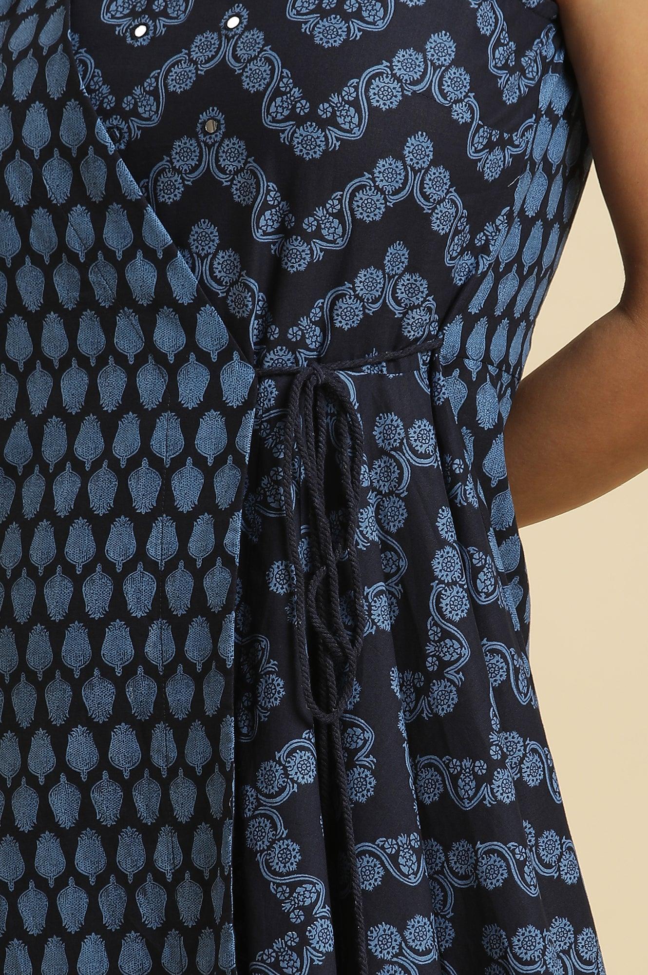 Blue Mock Wrap Print Mix Kurta - wforwoman