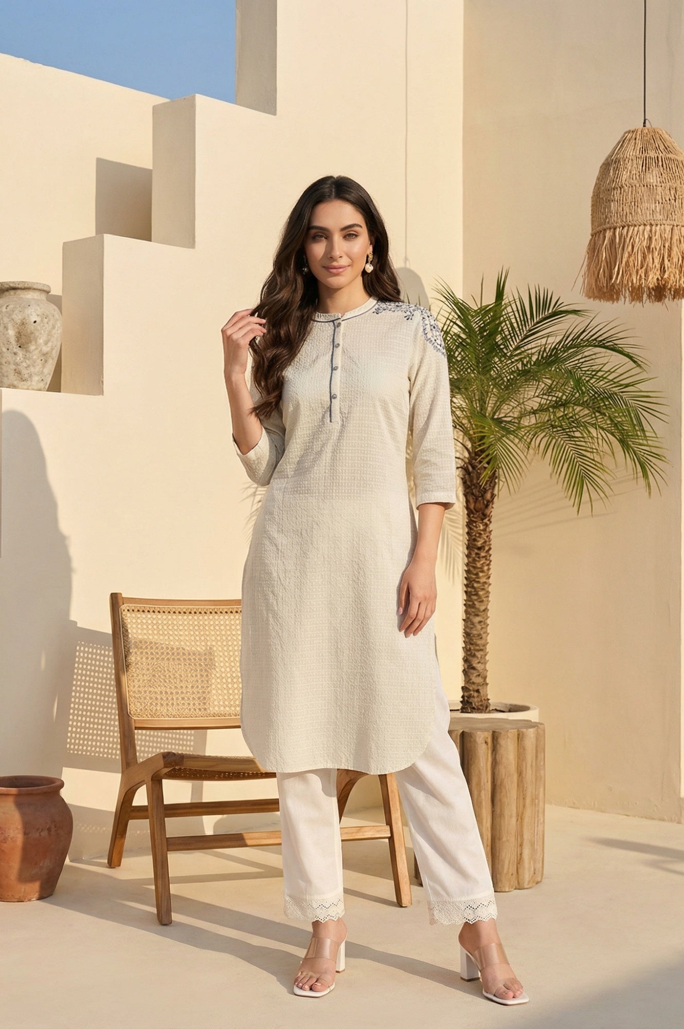 White Thread Embroidered Textured Cotton Kurta
