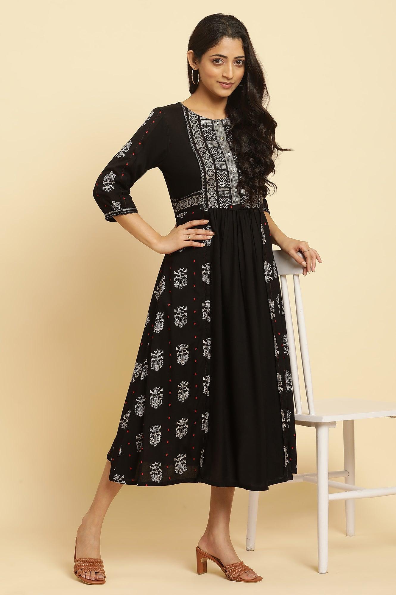Black Printed Gathered Dress - wforwoman