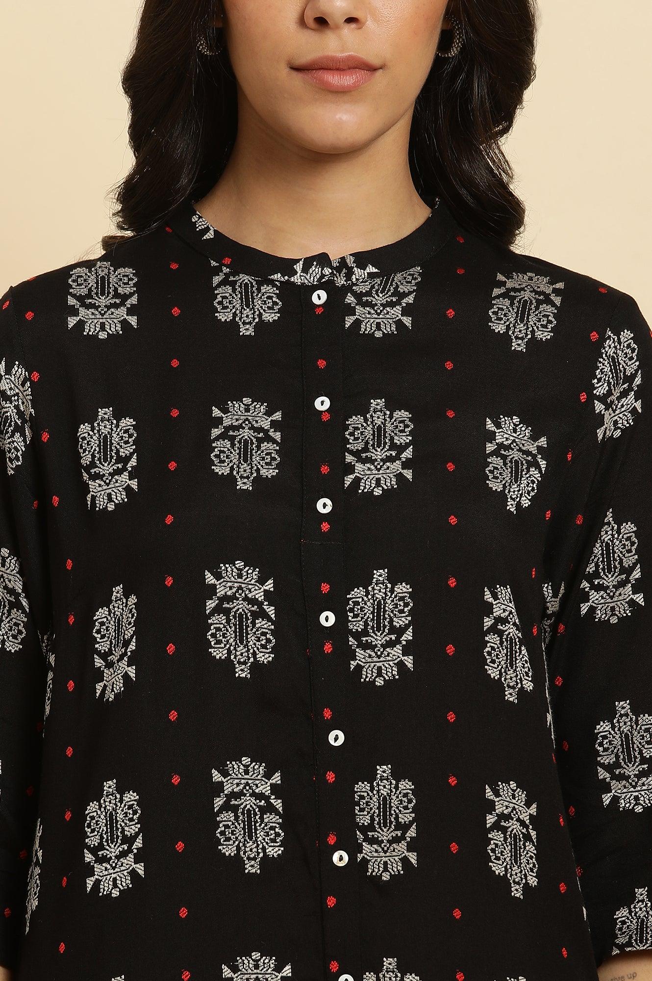 Black Printed Shirt Style Kurta - wforwoman