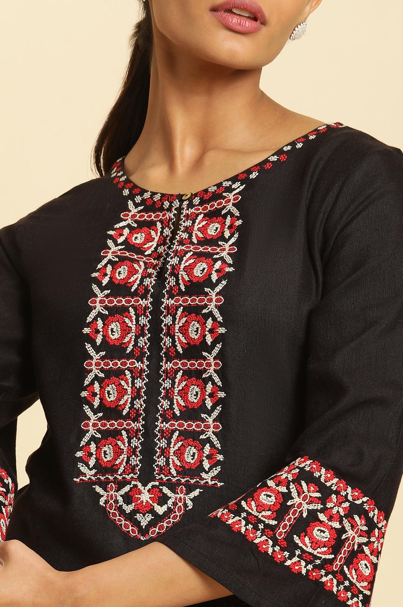 Black A-Line Embroidered Kurta - wforwoman