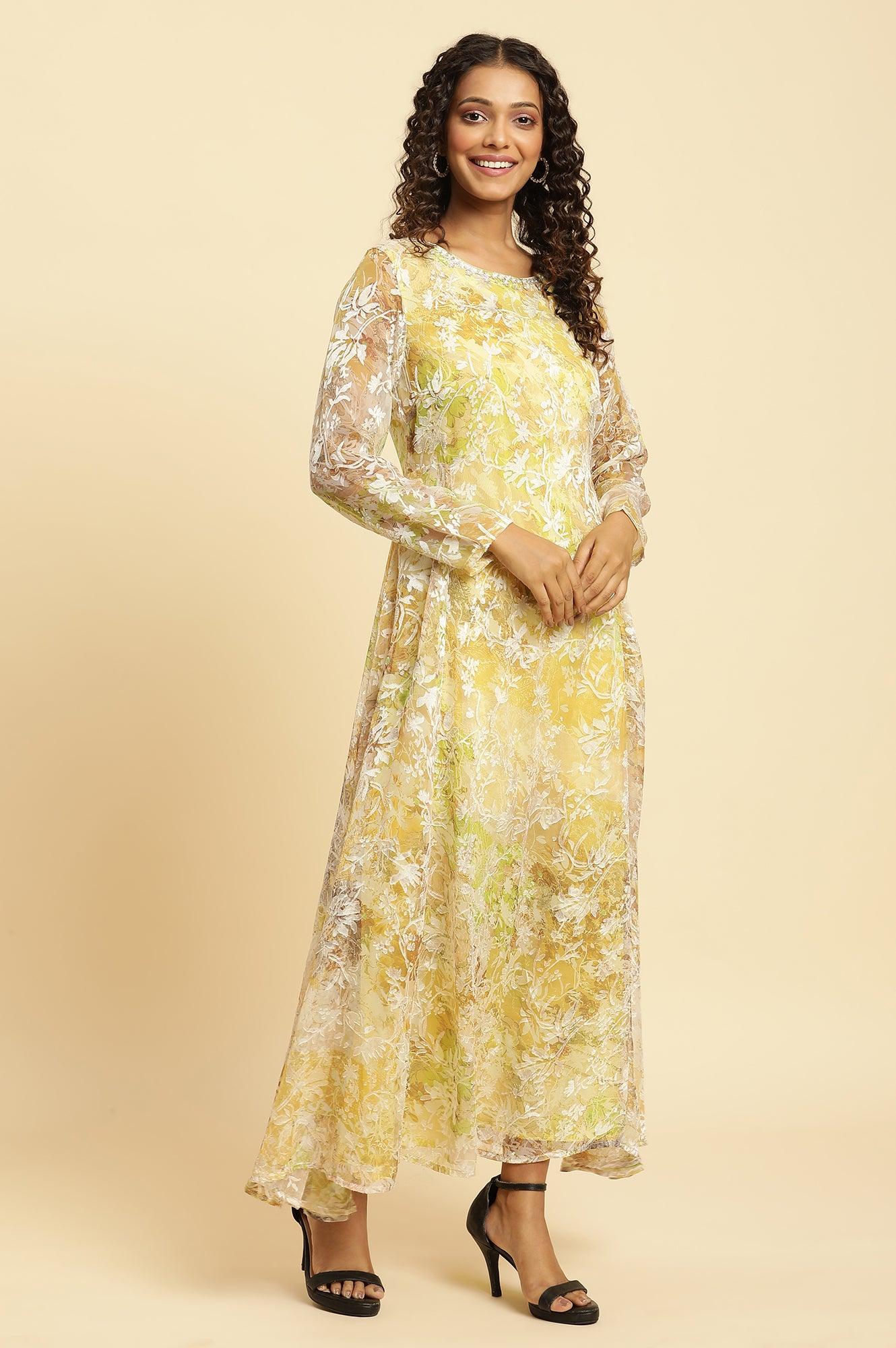 Yellow Self-Designed Flared Dress - wforwoman