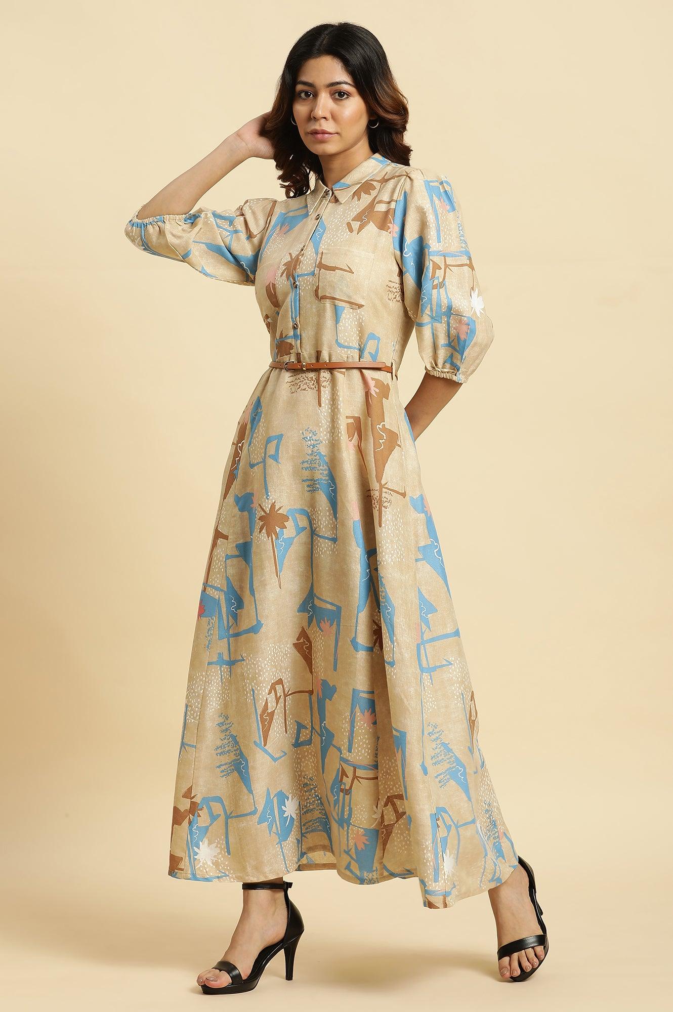 Beige Abstract Printed Western Long Dress With Belt - wforwoman