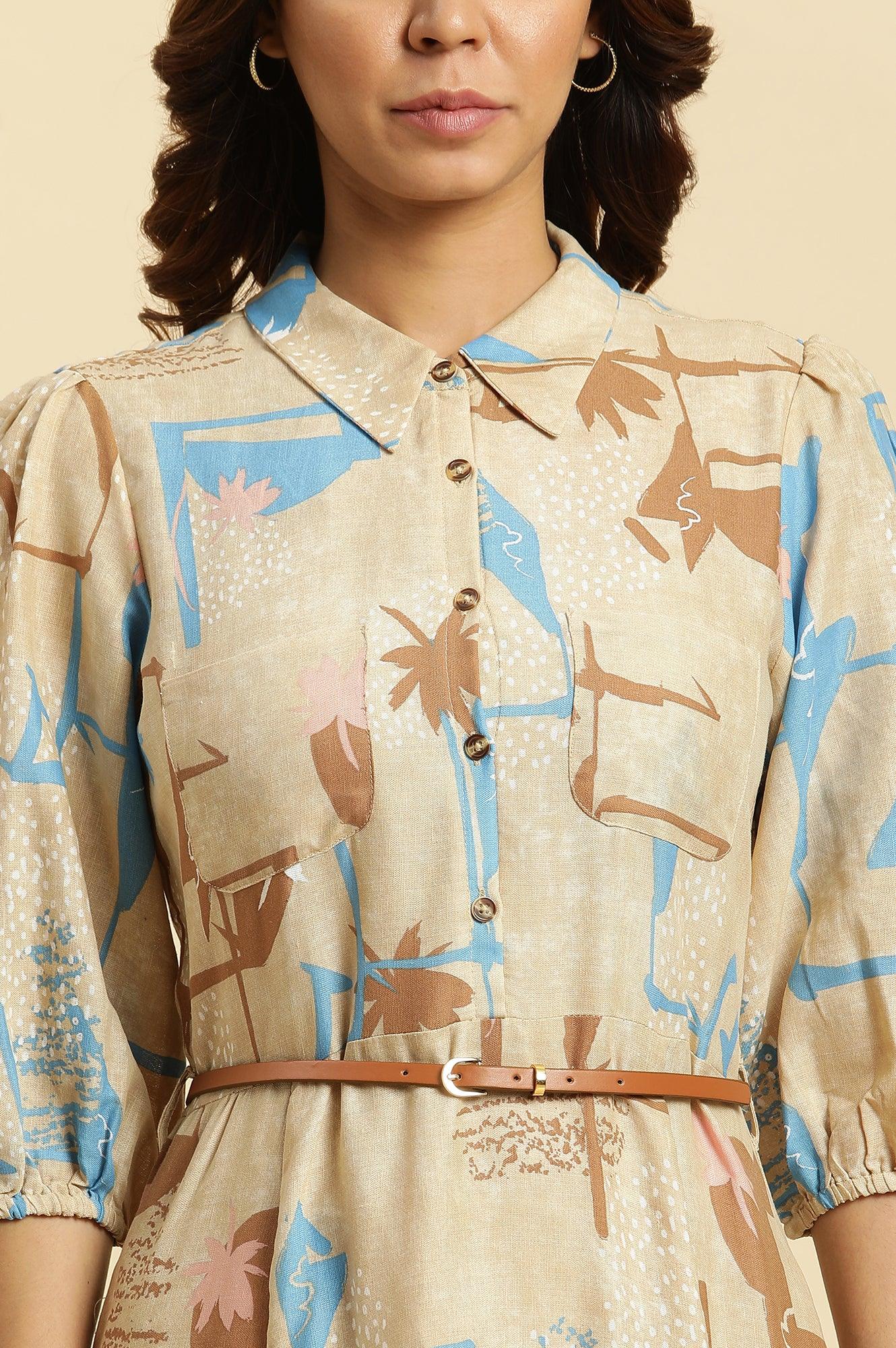 Beige Abstract Printed Western Long Dress With Belt - wforwoman