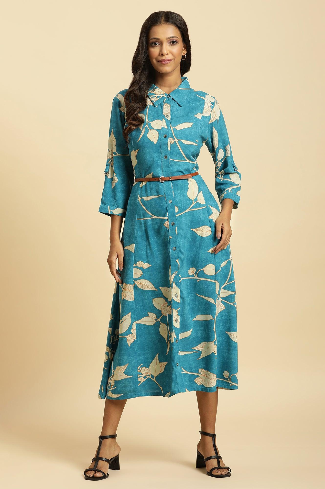 Blue Long Shirt Dress In Abstract Print - wforwoman