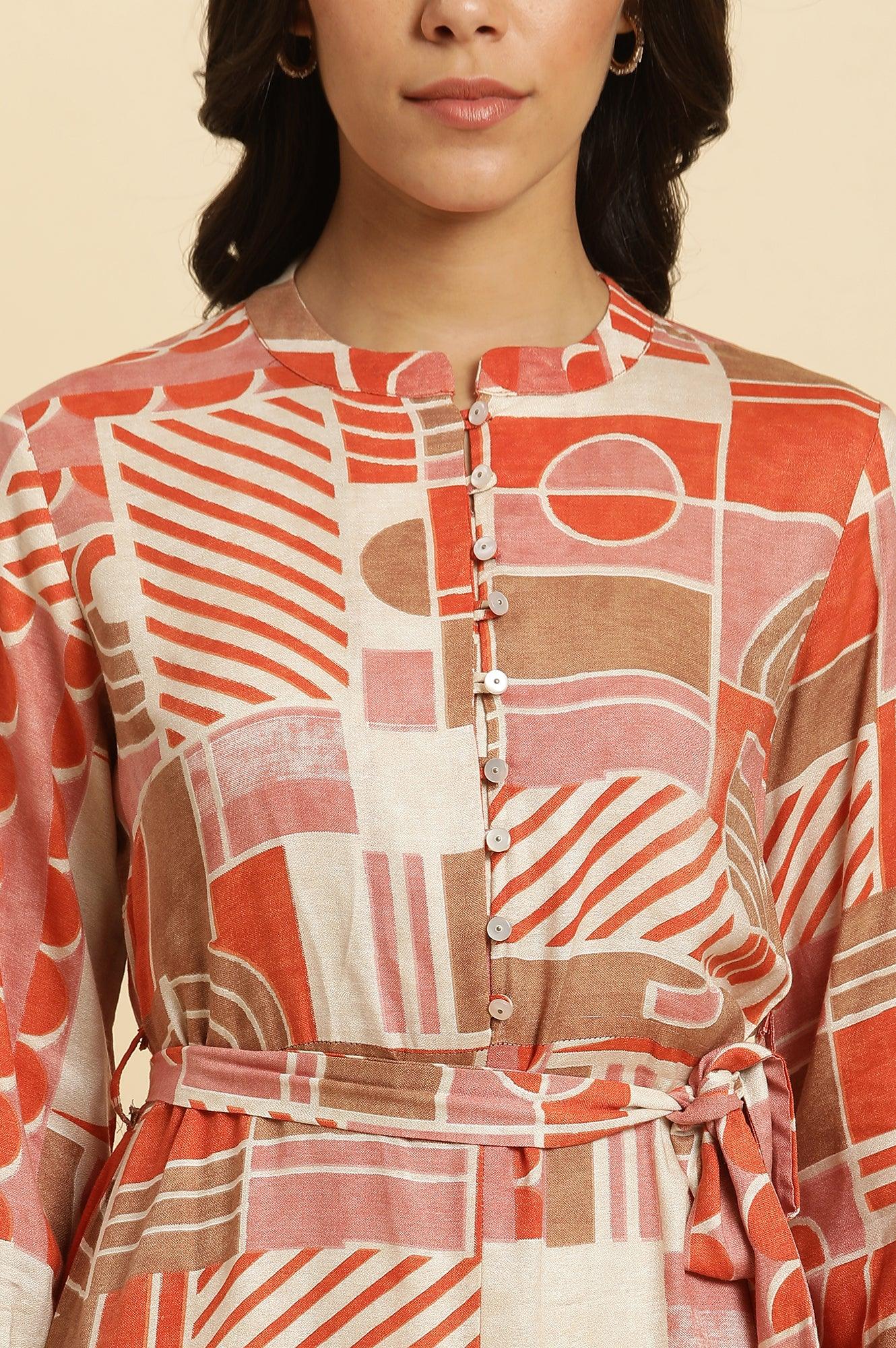 Orange Abstract Printed Western Dress - wforwoman