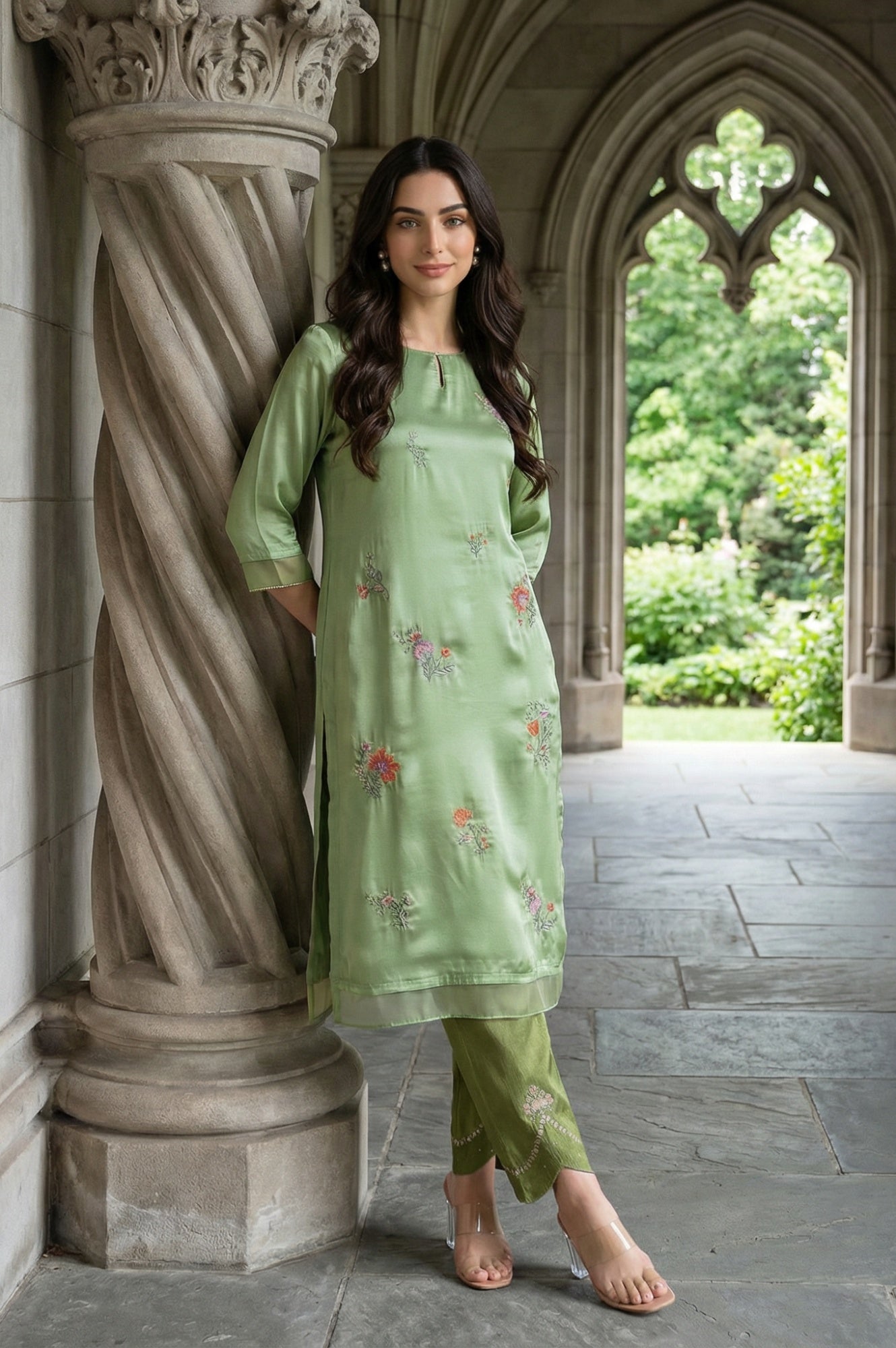 Green Embroidered Shantung Straight Festive Kurta