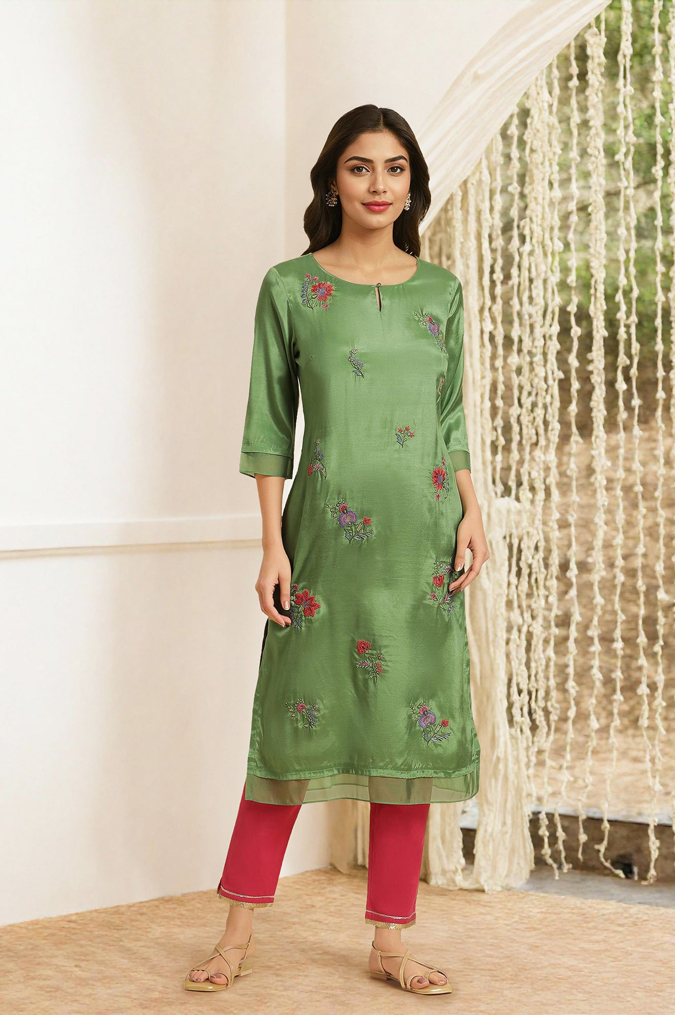 Green Embroidered Shantung Straight Festive Kurta