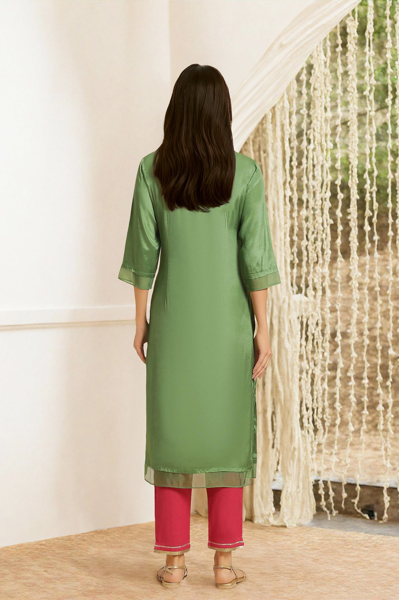 Green Embroidered Shantung Straight Festive Kurta