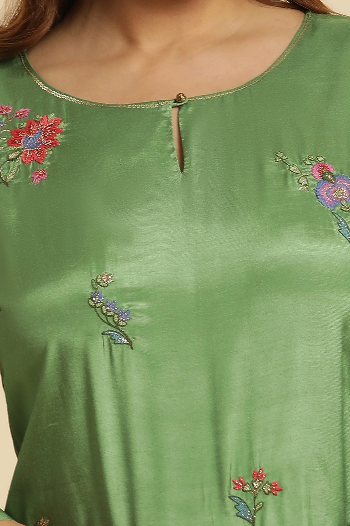 Green Embroidered Shantung Straight Festive Kurta