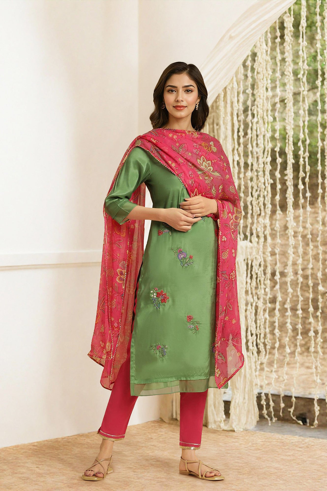 Green Embroidered Shantung Straight Festive Kurta
