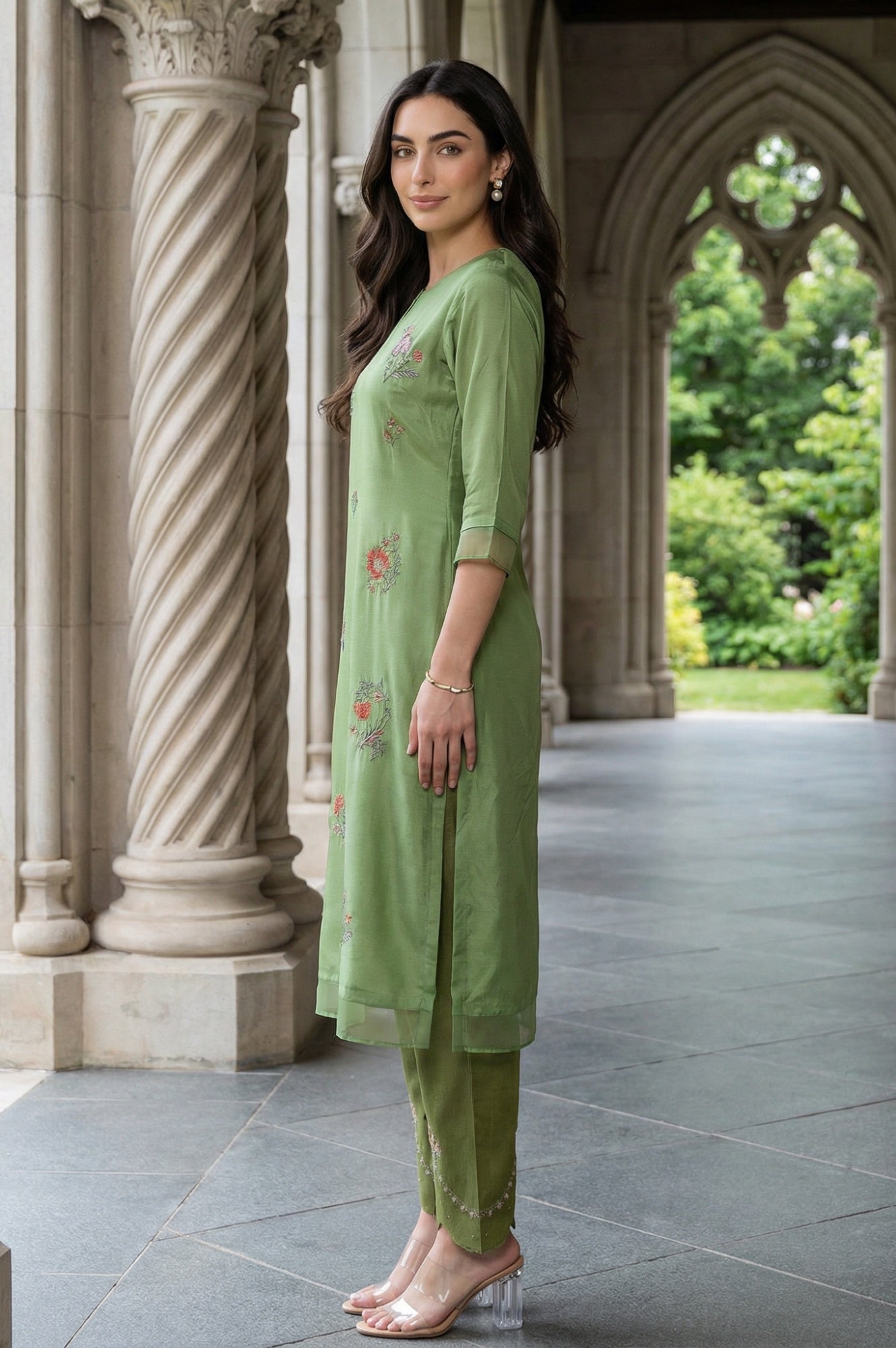 Green Embroidered Shantung Straight Festive Kurta