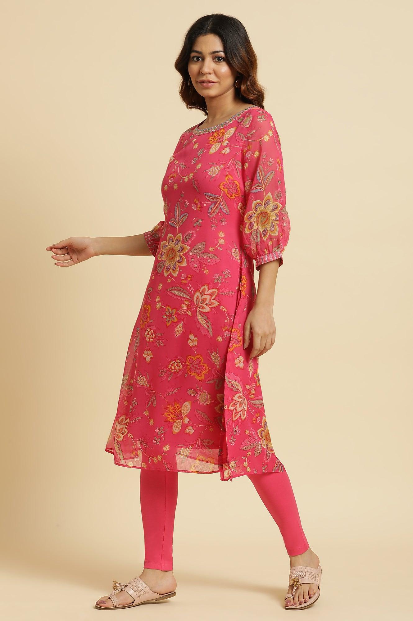 Pink Chiffon Printed Kurta With Multi-Coloured Floral Embroidery - wforwoman