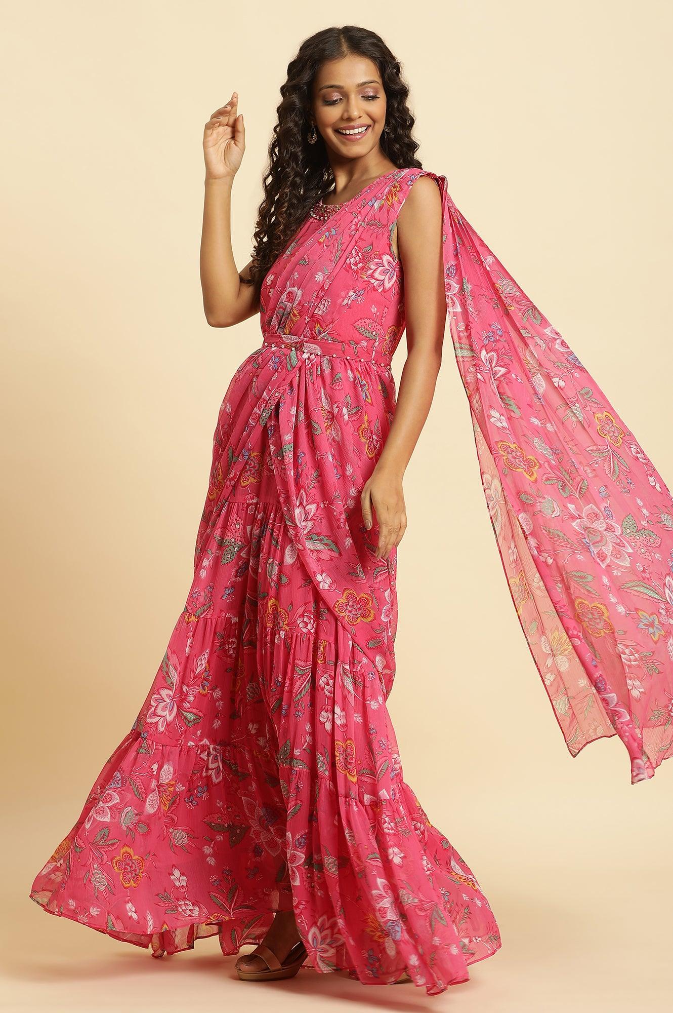 Pink Floral Printed Pre-Stitch Sharara Saree - wforwoman