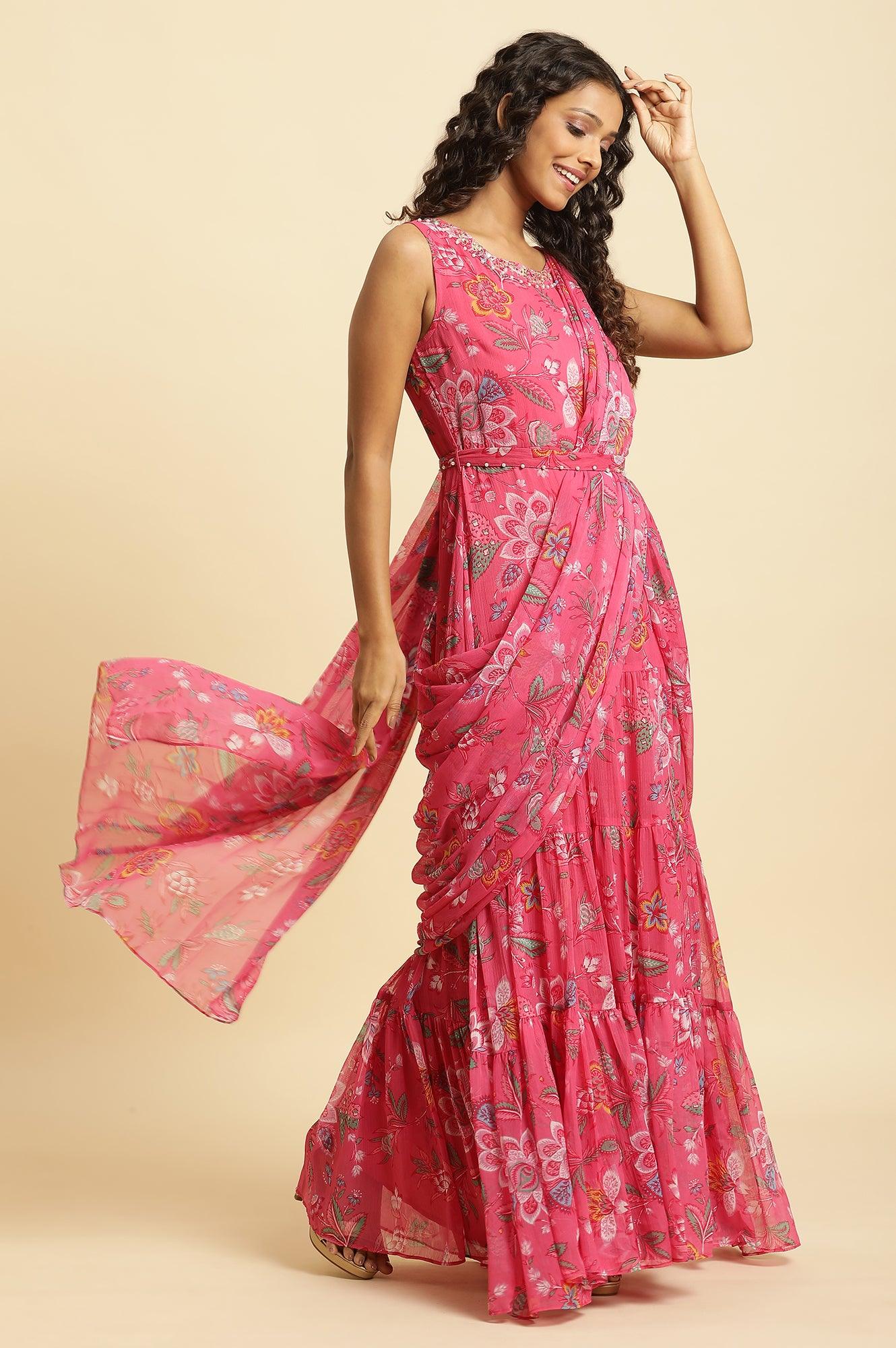 Pink Floral Printed Pre-Stitch Sharara Saree - wforwoman