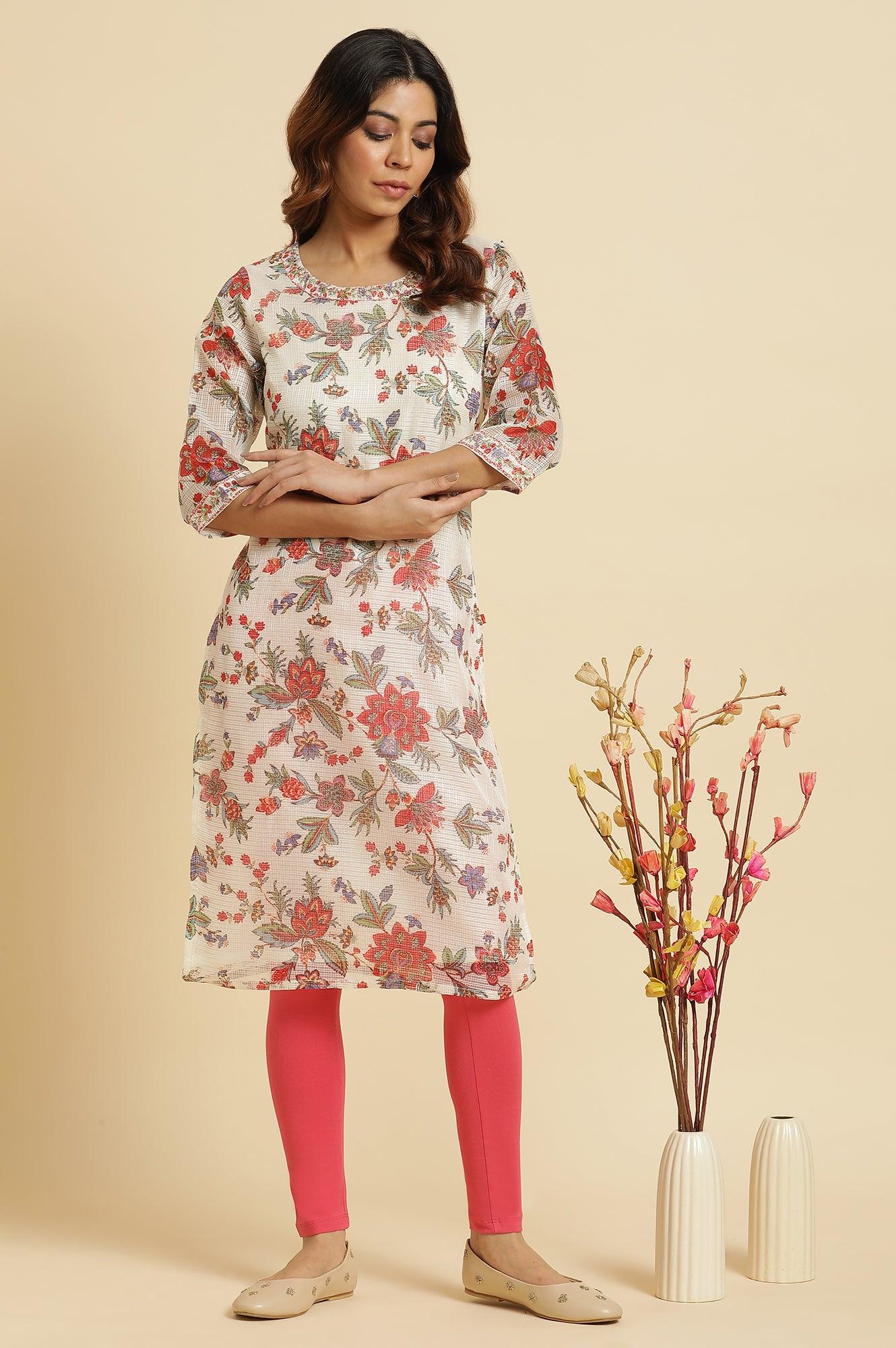 Ecru Kota Kurta With Multi-Coloured Floral Print - wforwoman