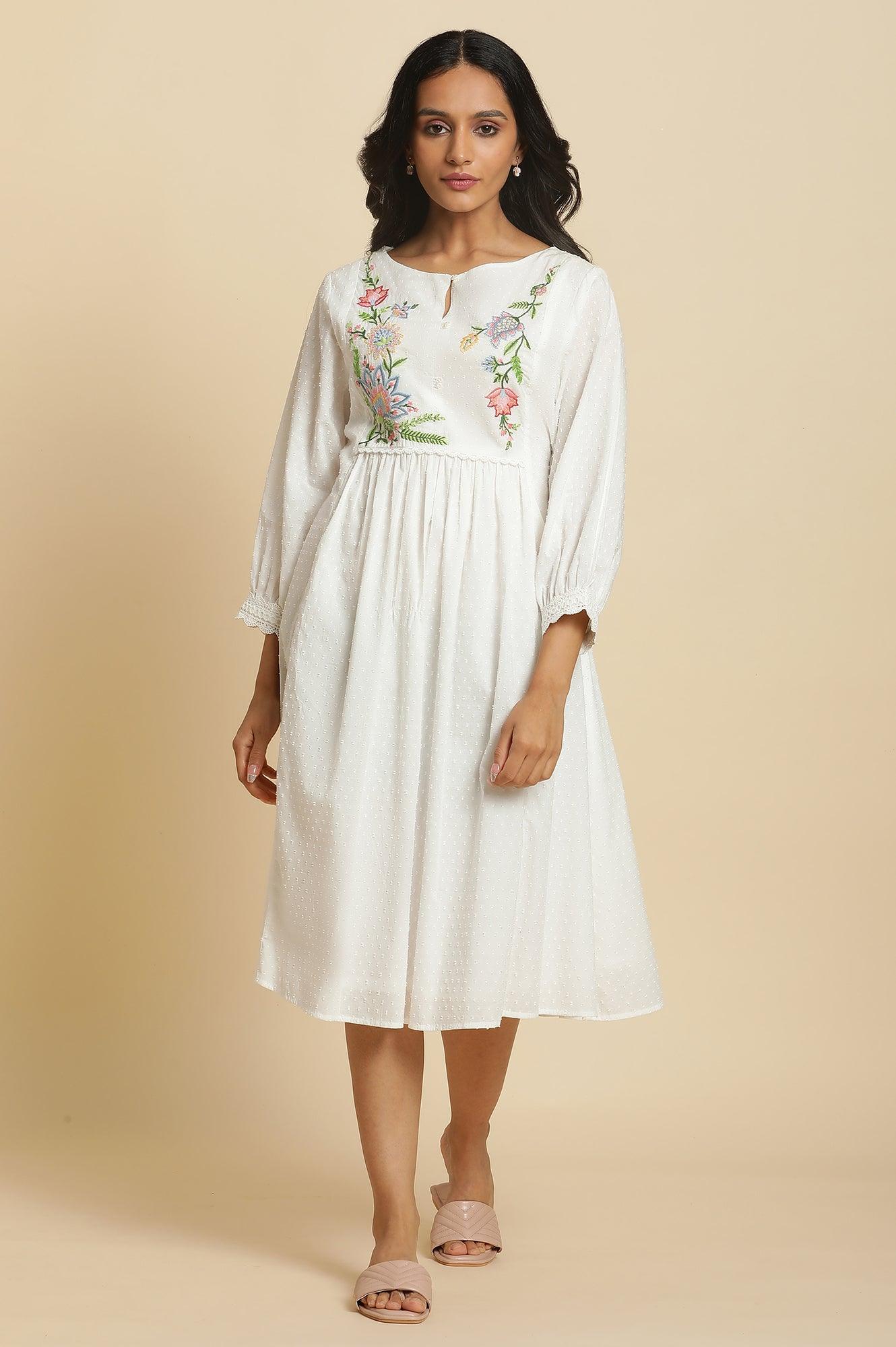 Ecru Gathered Dress In Multi-Coloured Embroidery - wforwoman