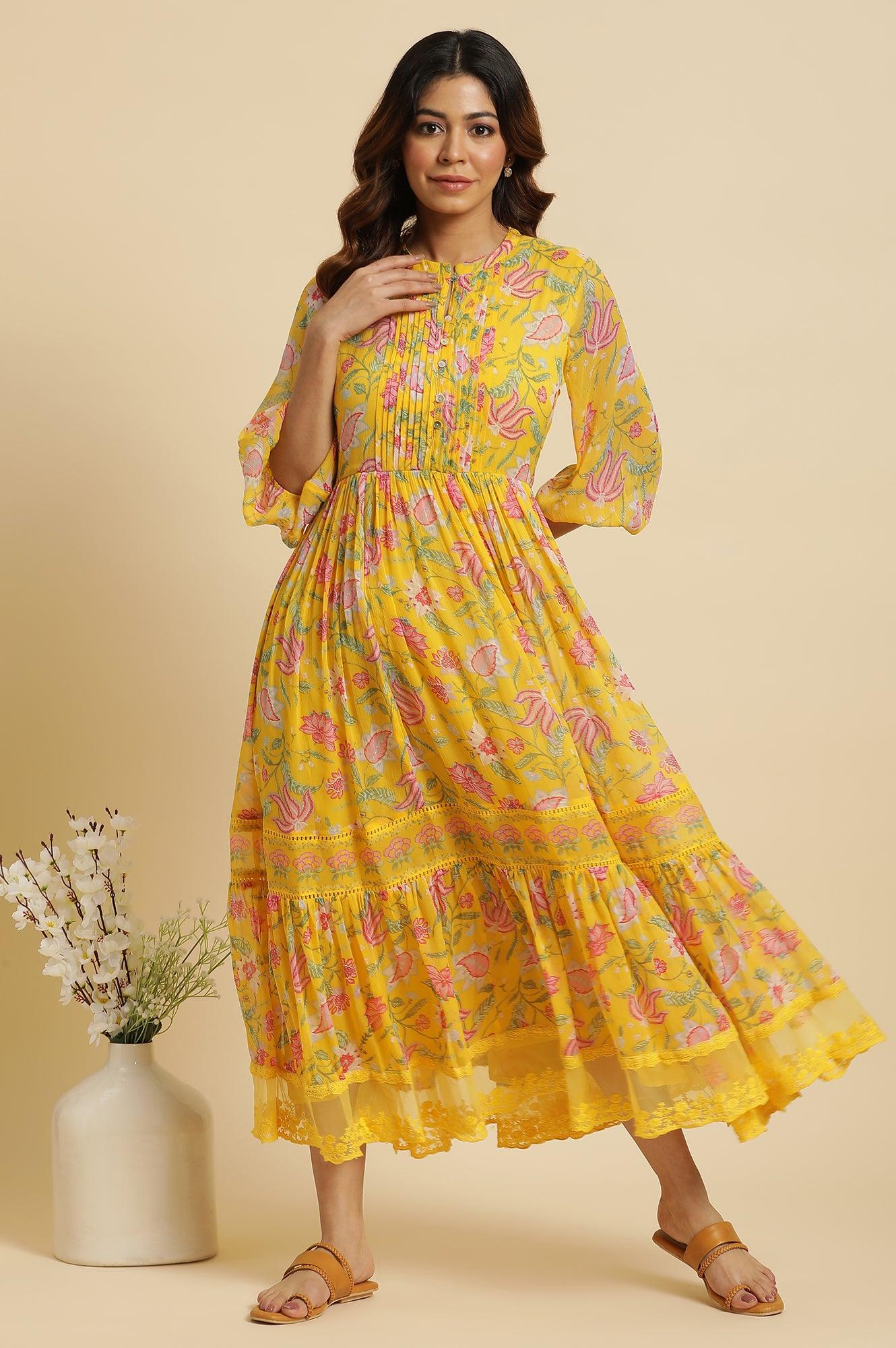 Buy Yellow Floral Chiffon Maxi Dress Online for Woman | WforWoman Buy Yellow Floral Chiffon Maxi Dress Online for Woman | WforWoman