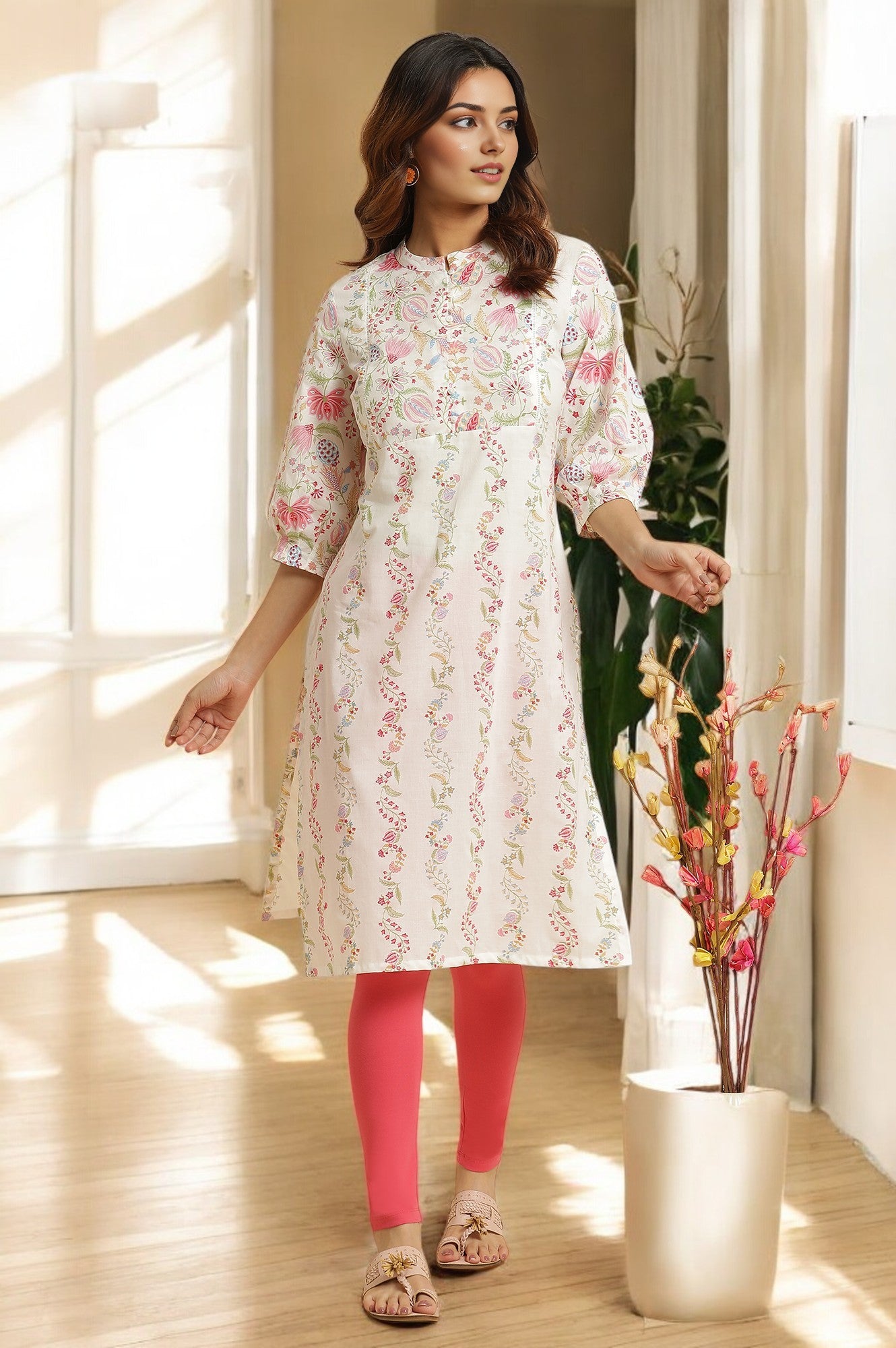 White Floral Printed Pure Cotton Straight Kurta with Sleeves
