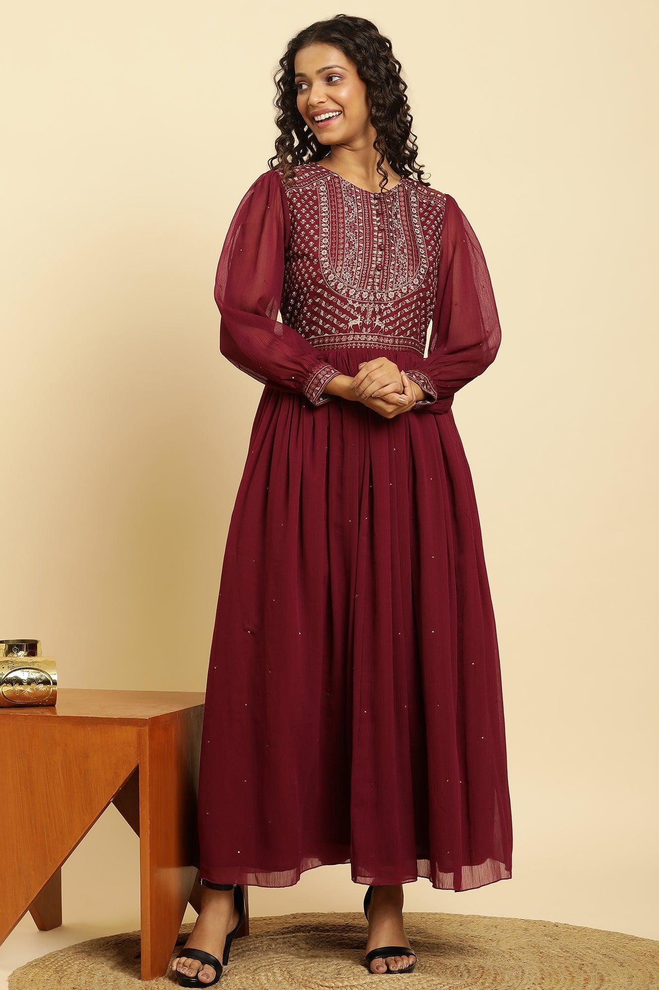 Buy Wine Heavily Embroidered Festive Dress Online for Woman | WforWoman Buy Wine Heavily Embroidered Festive Dress Online for Woman | WforWoman