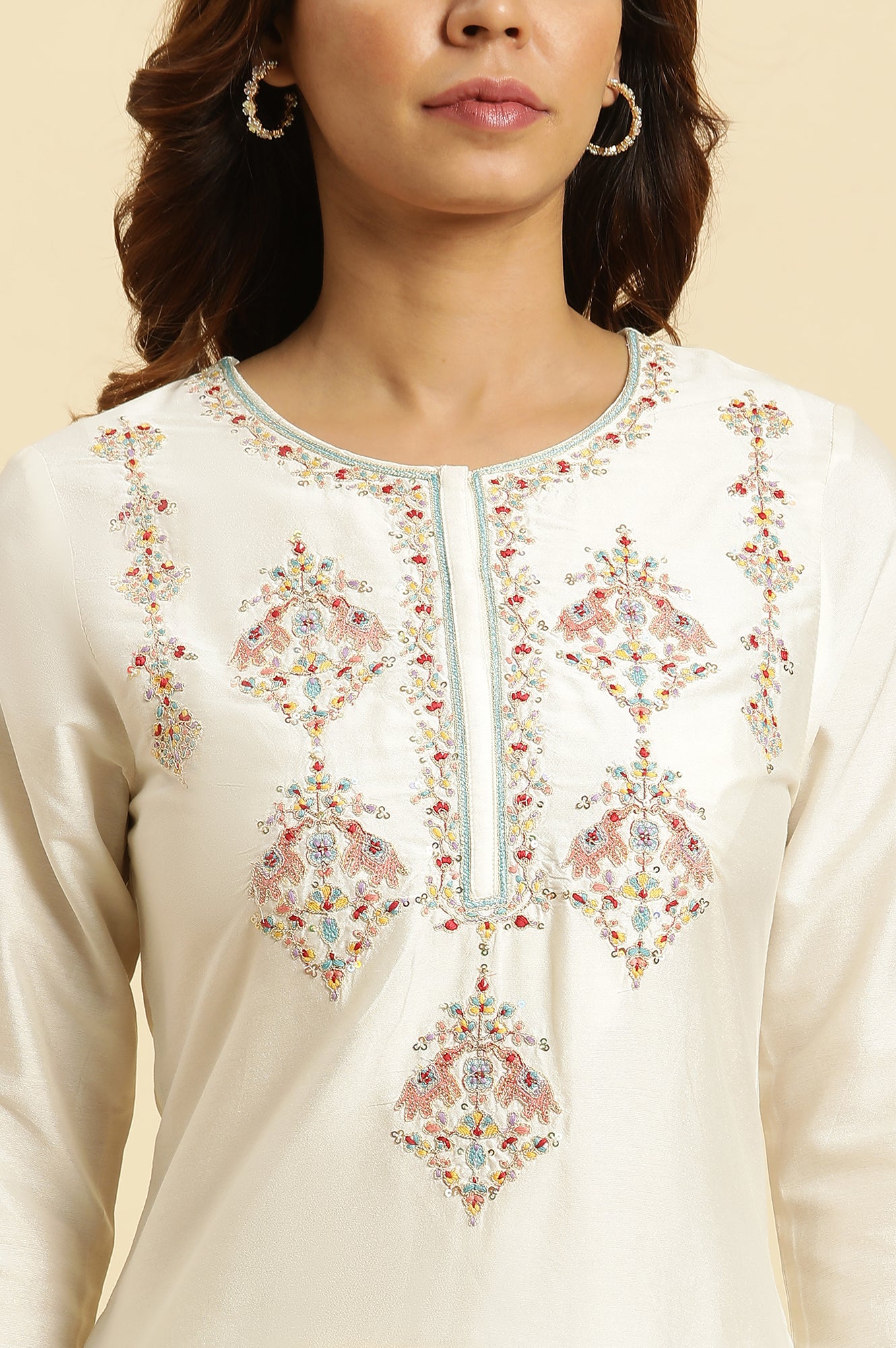 White Dori Embroidery Viscose Blend Straight Kurta and Slim Pant Set