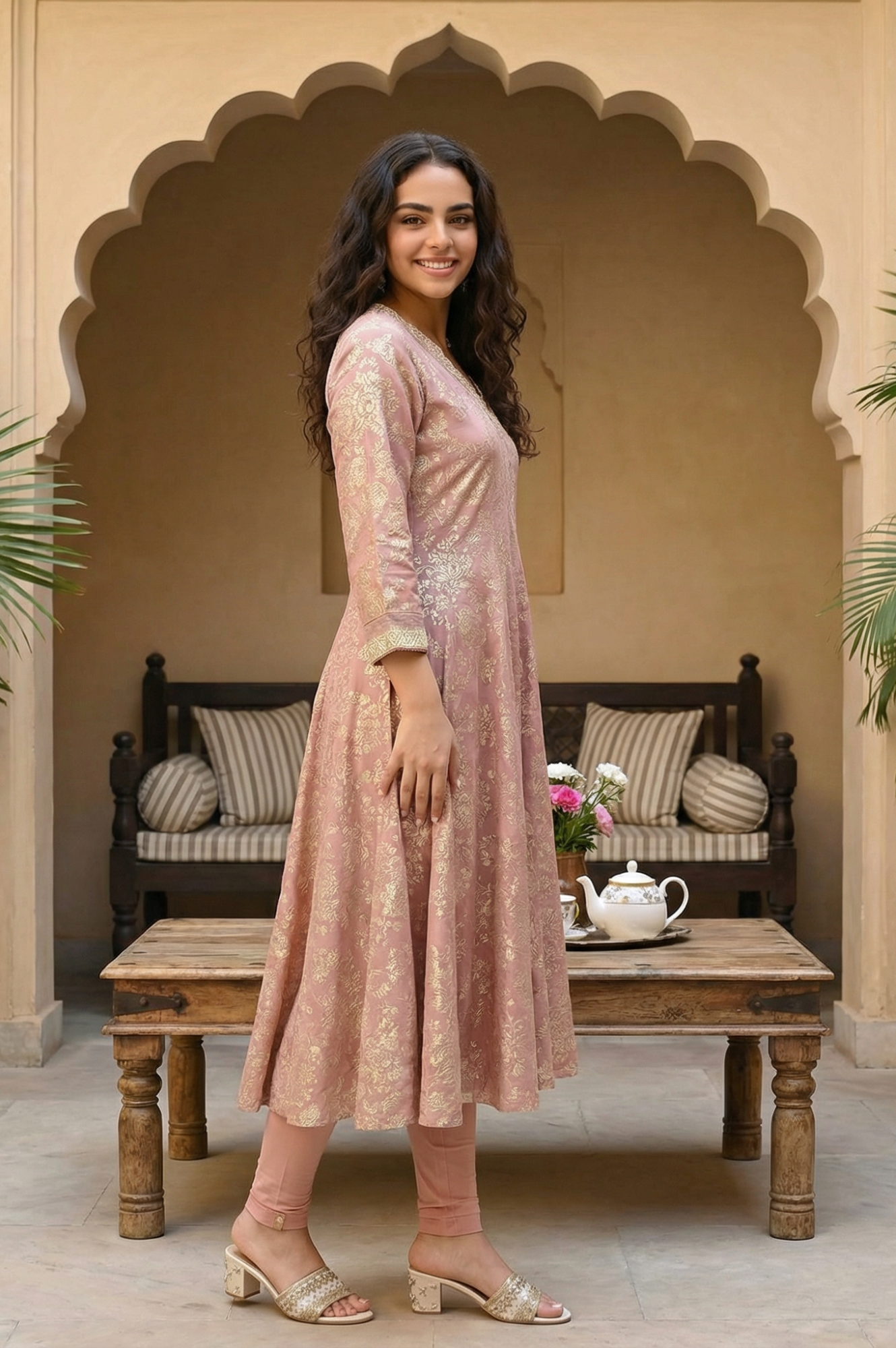 Pink Floral Foil Printed Flared Kurta