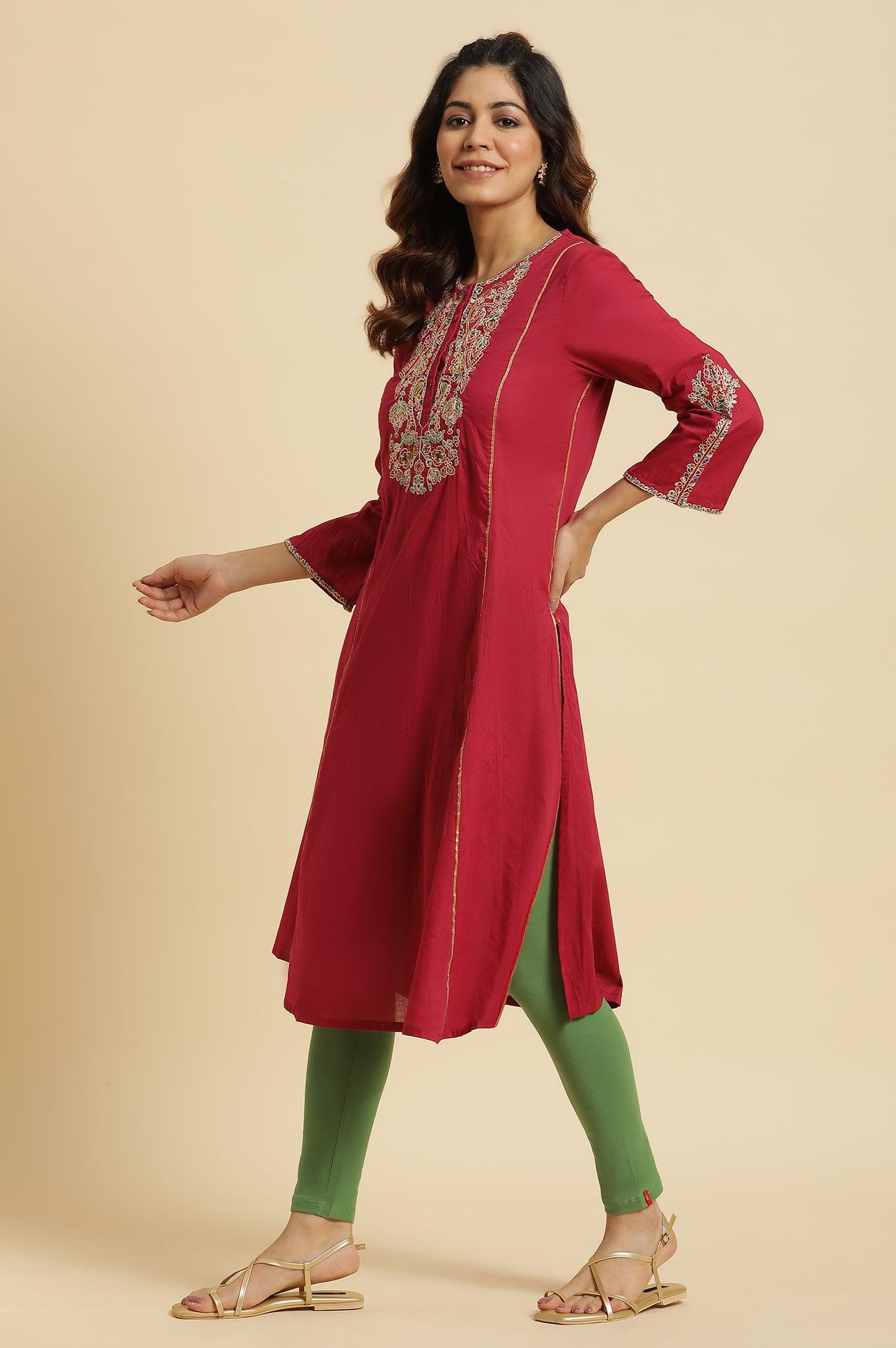 Maroon Embroidered Festive Kurta - wforwoman