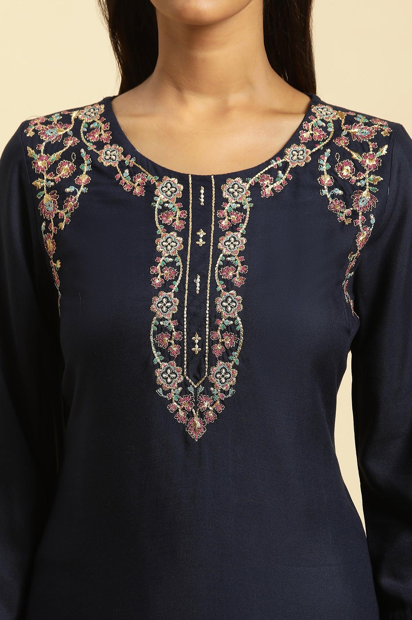 Blue Chunky Thread Embroidered Festive Kurta - wforwoman