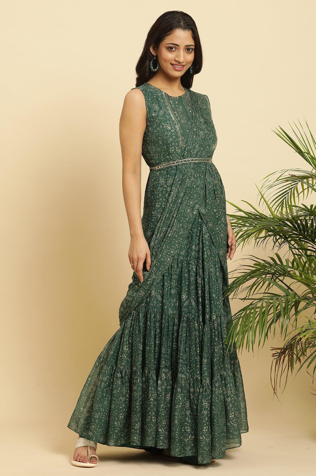 Buy Green Foil‑Printed Chiffon Sharara Saree Dress with Belt Online for  Woman