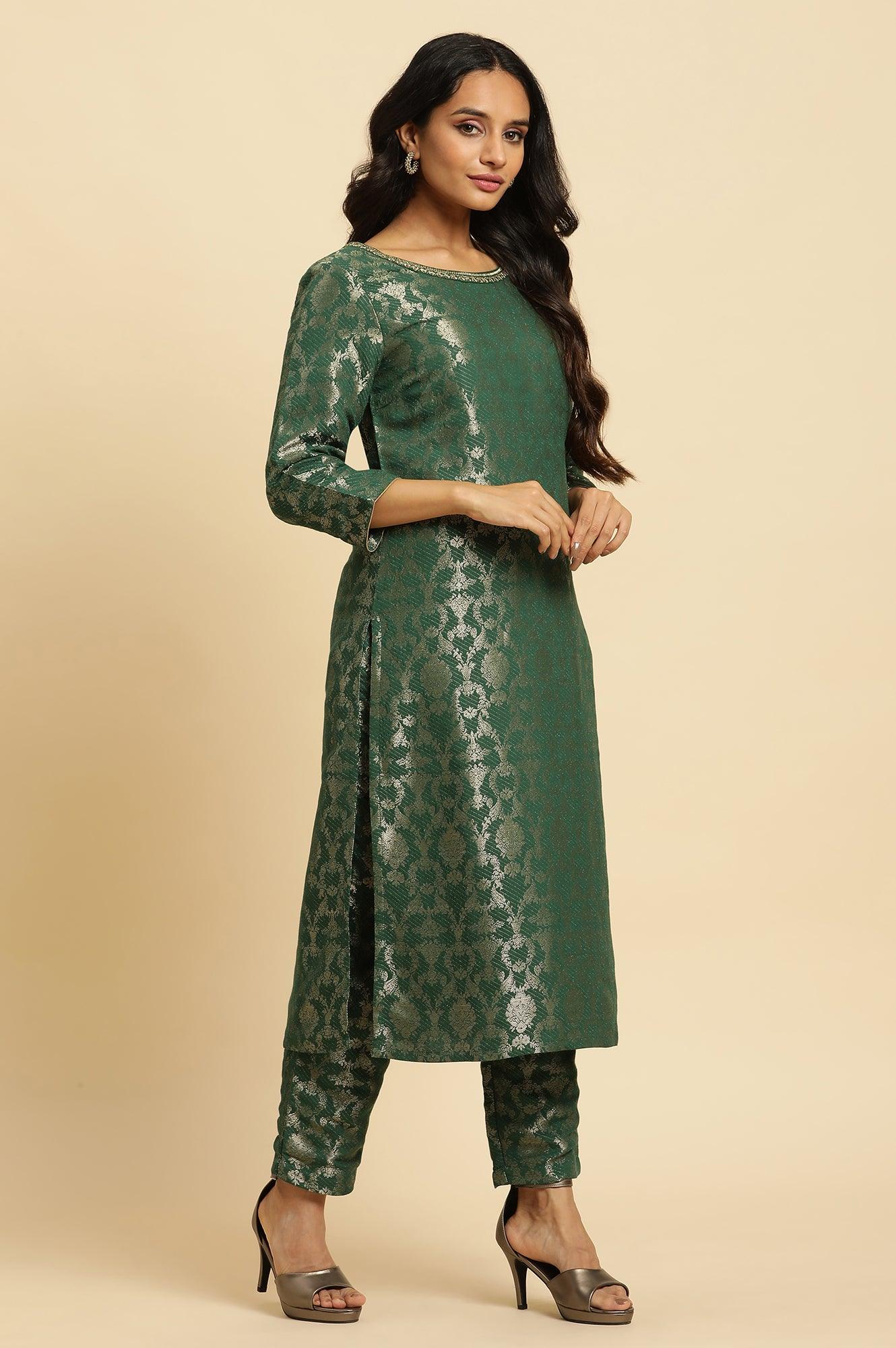 Green Rayon Jacquard Festive Kurta - wforwoman