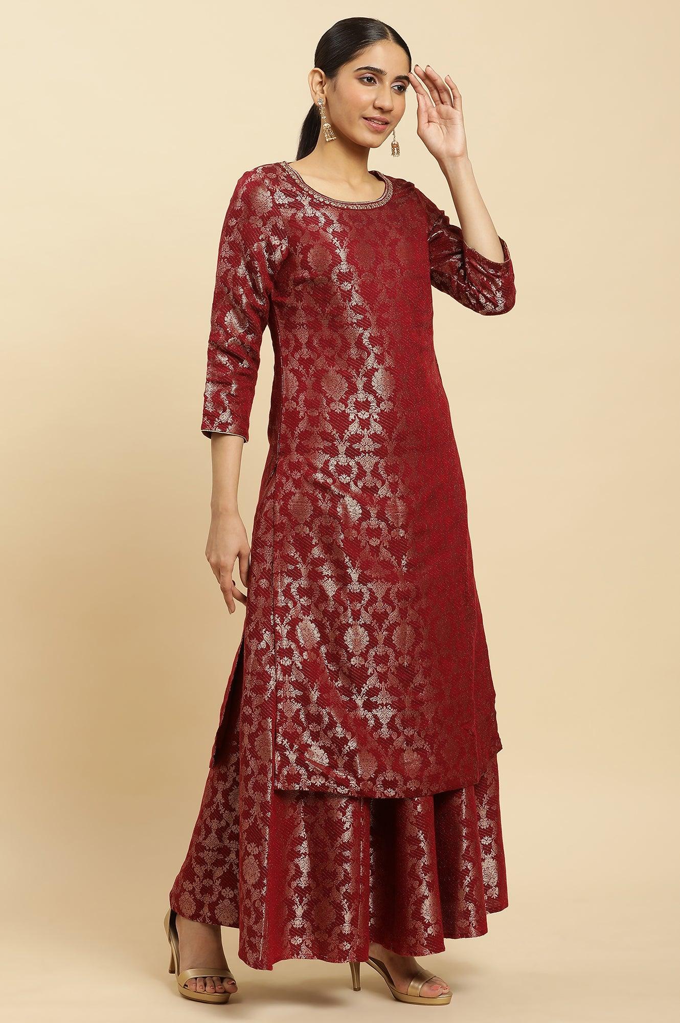 Maroon Rayon Jacquard Festive Kurta - wforwoman