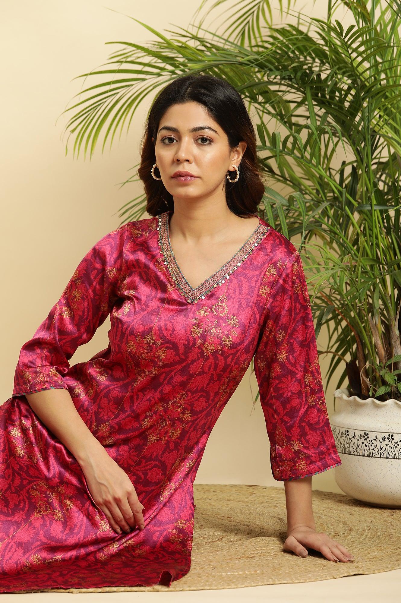 Purple Floral Printed Kurta In Japanese Satin - wforwoman