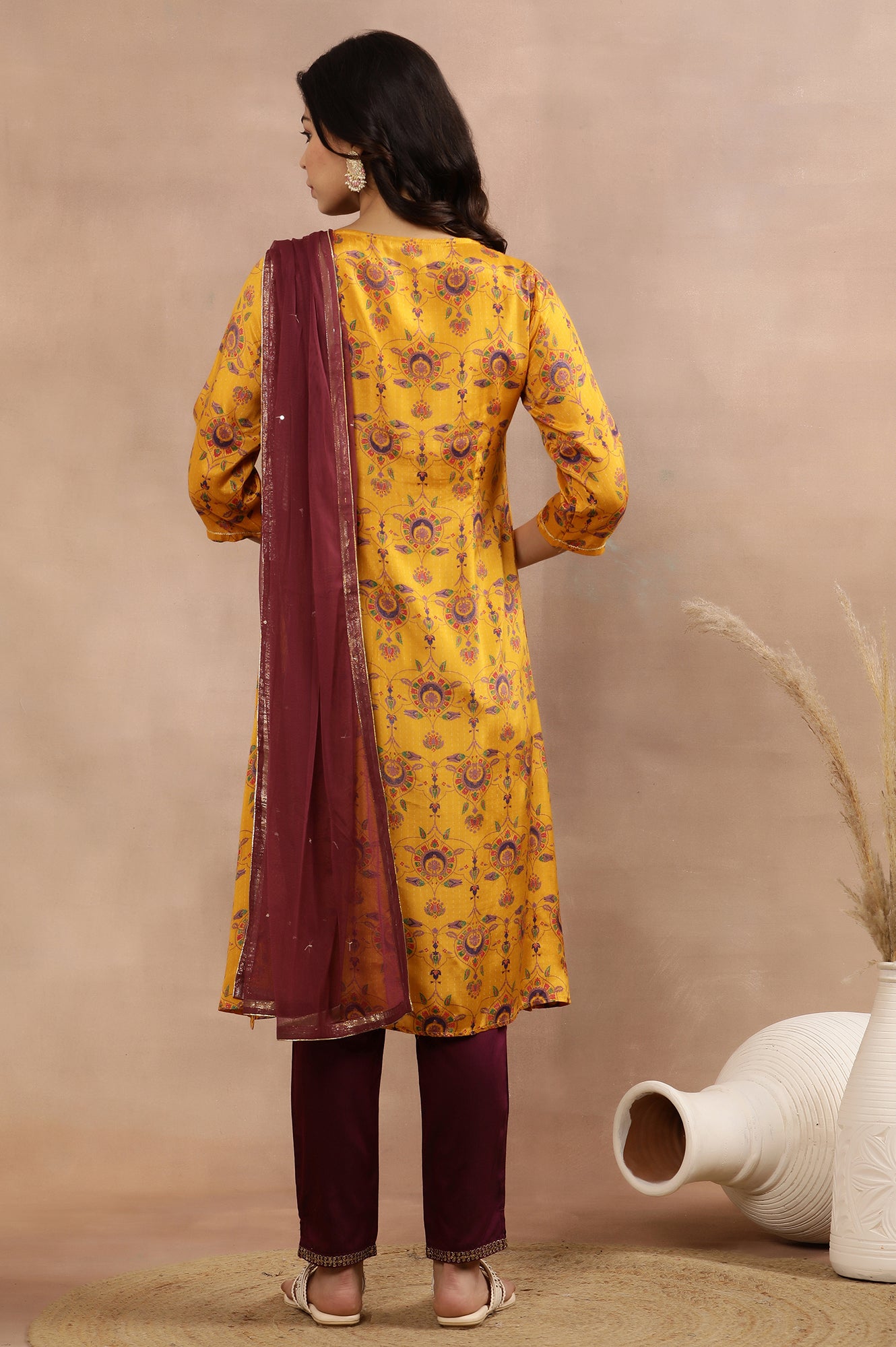 Yellow Printed Shantung Kurta, Pants And Dupatta Set