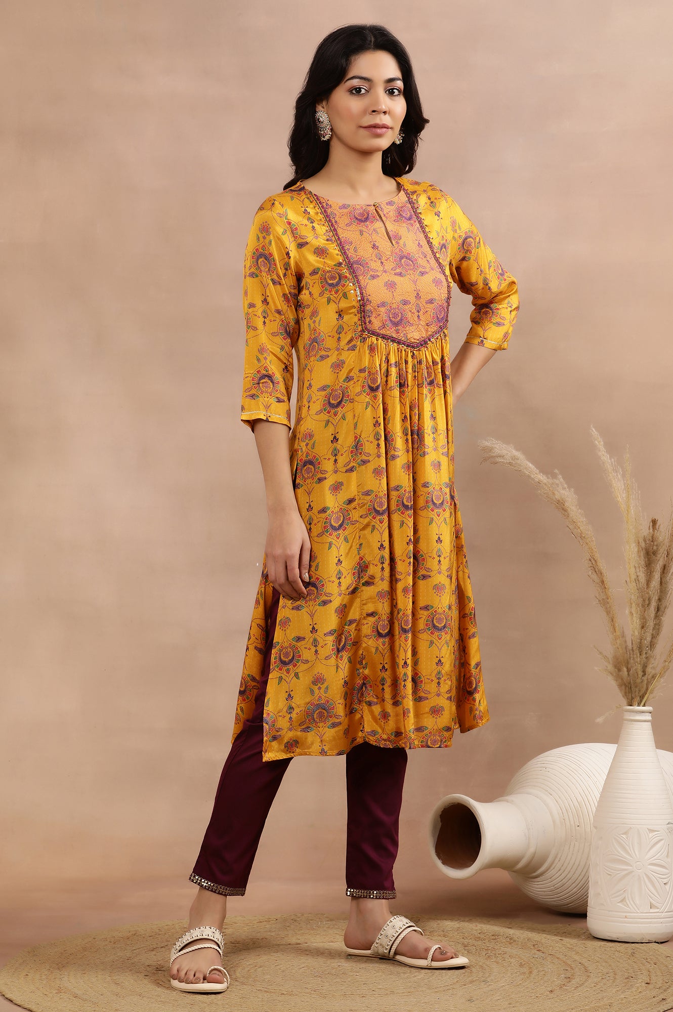 Yellow Printed Shantung Kurta, Pants And Dupatta Set