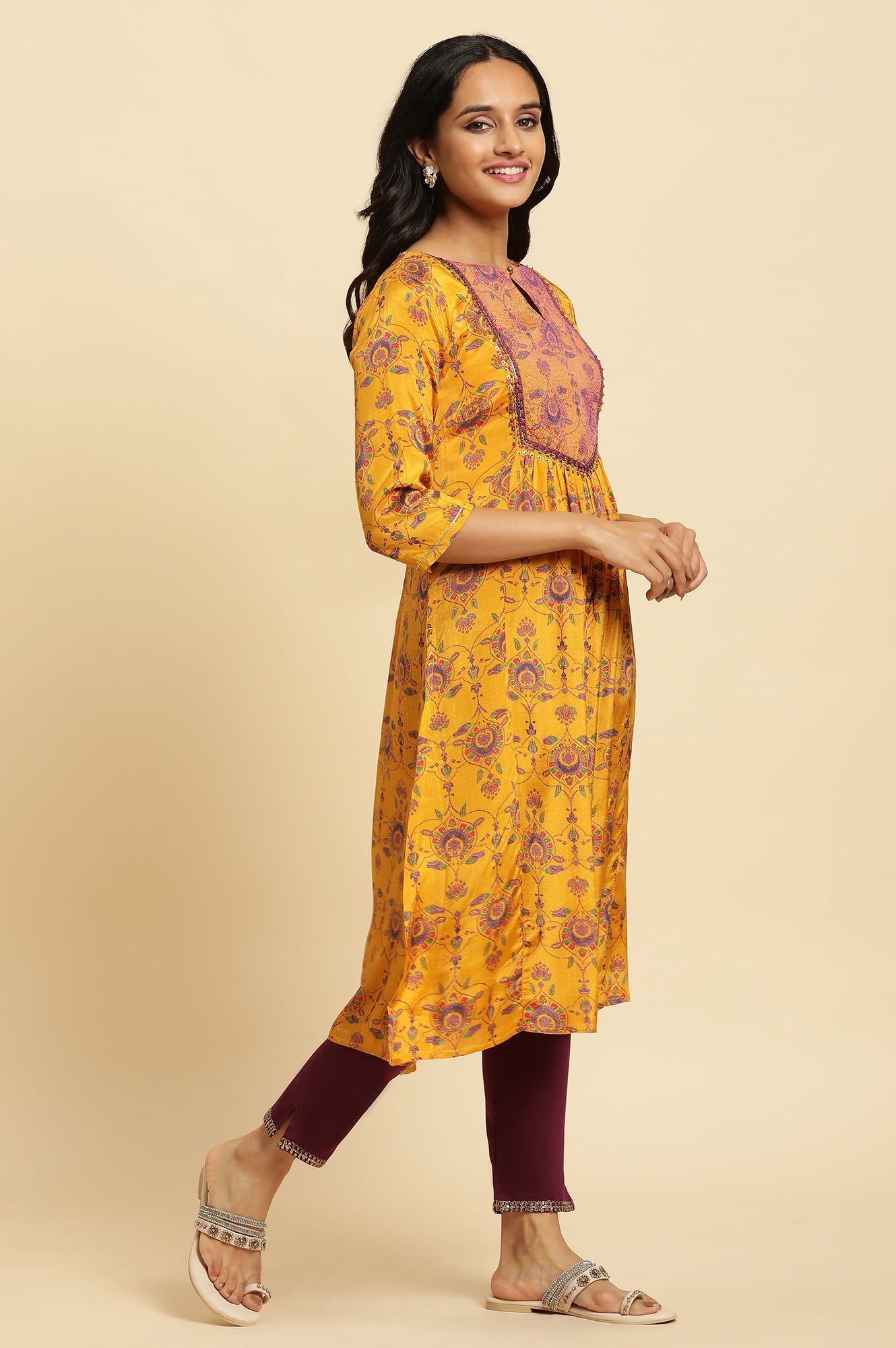 Yellow Shantung Kurta With Chunky Embellishment