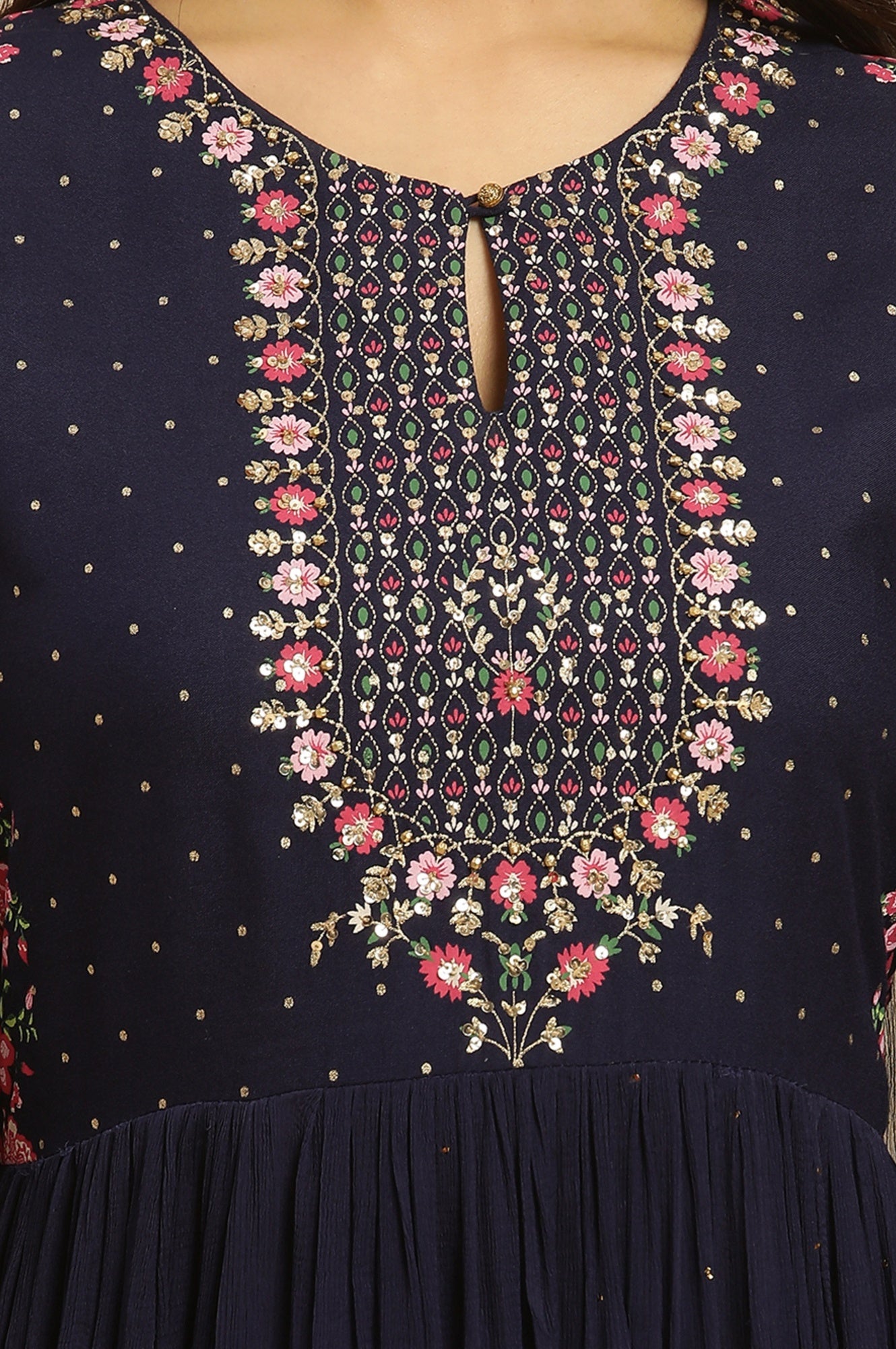 Navy Blue Chiffon Dress with Embroidered Yoke