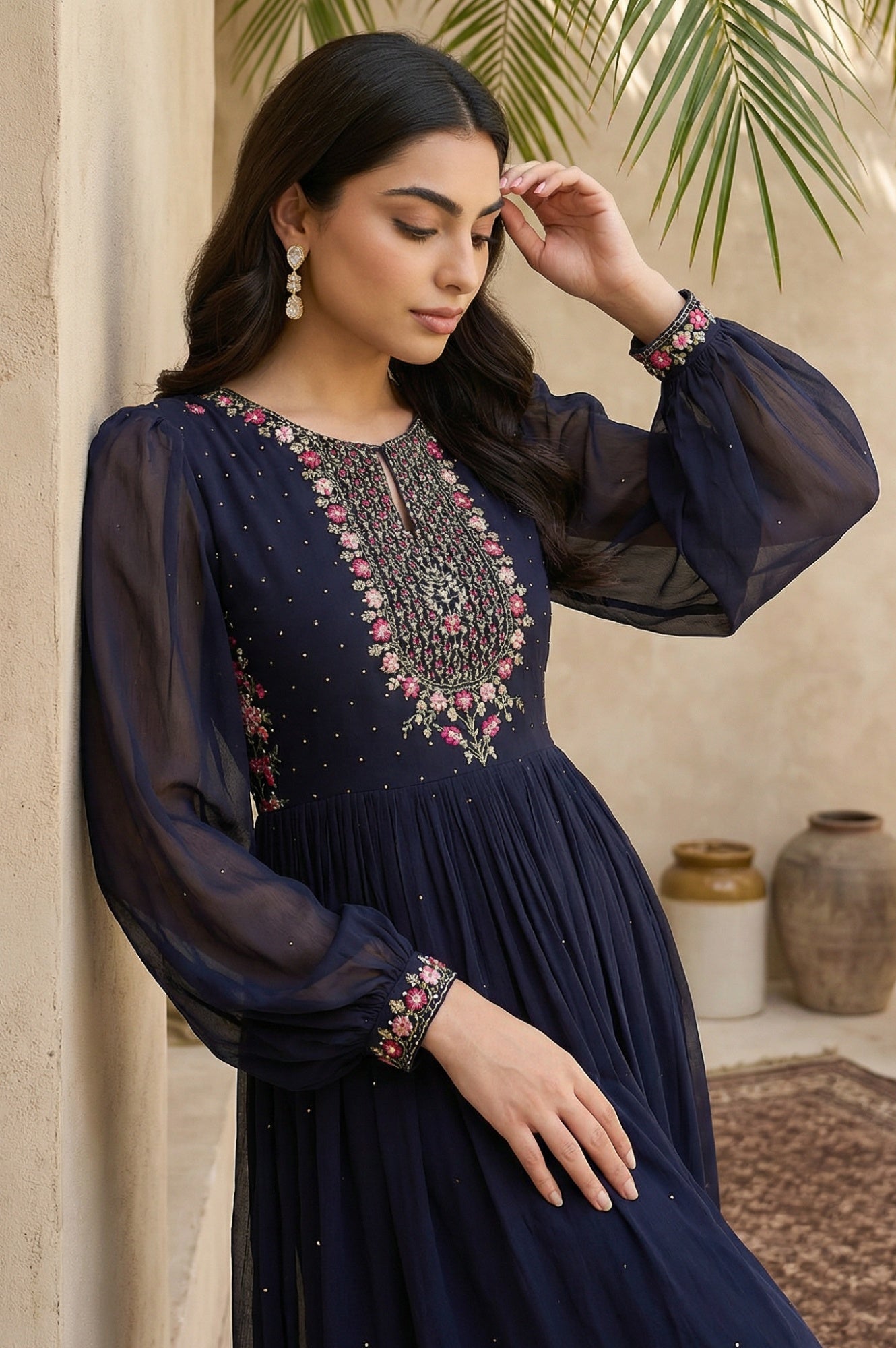 Navy Blue Chiffon Dress with Embroidered Yoke