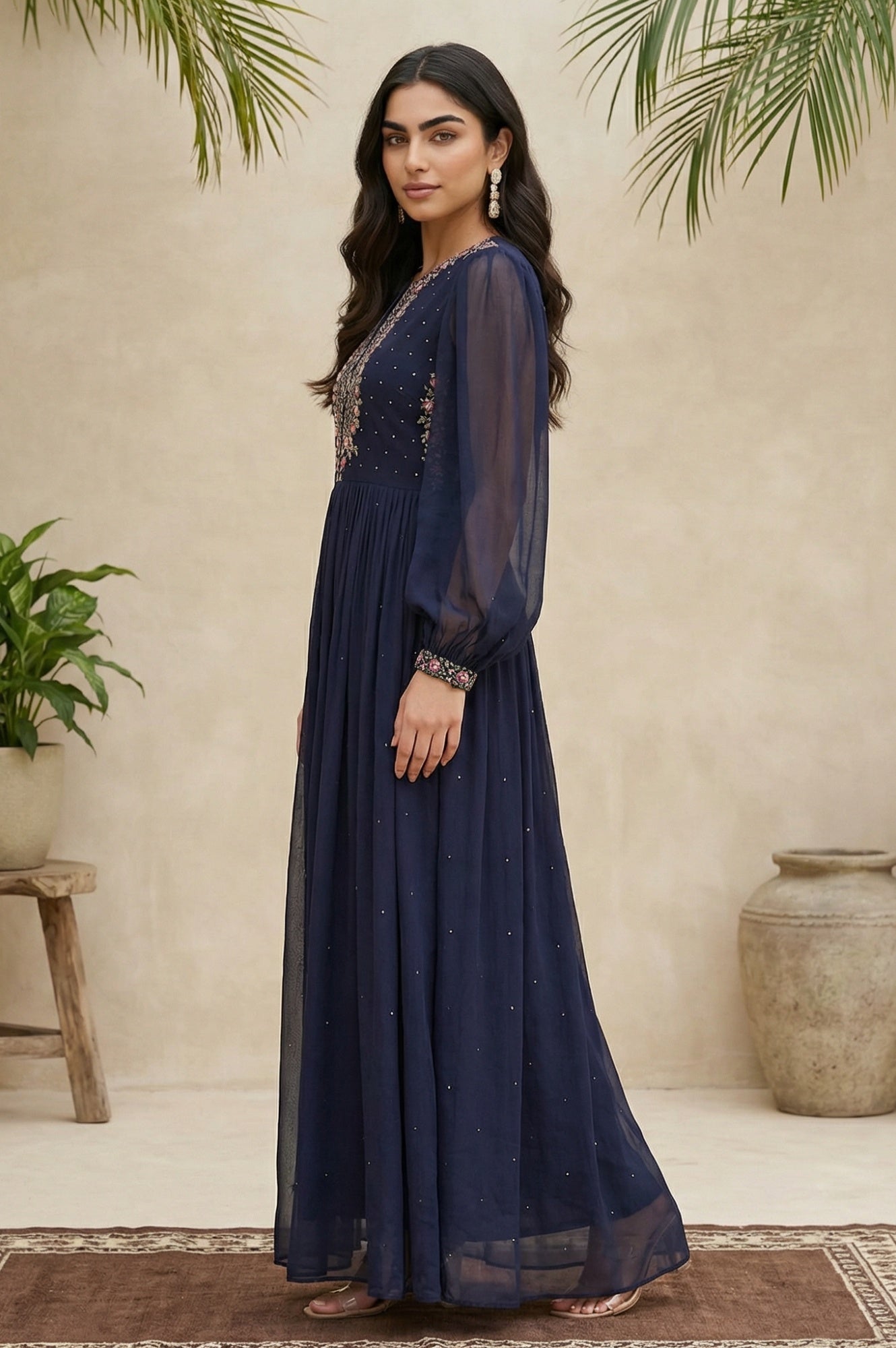 Navy Blue Chiffon Dress with Embroidered Yoke