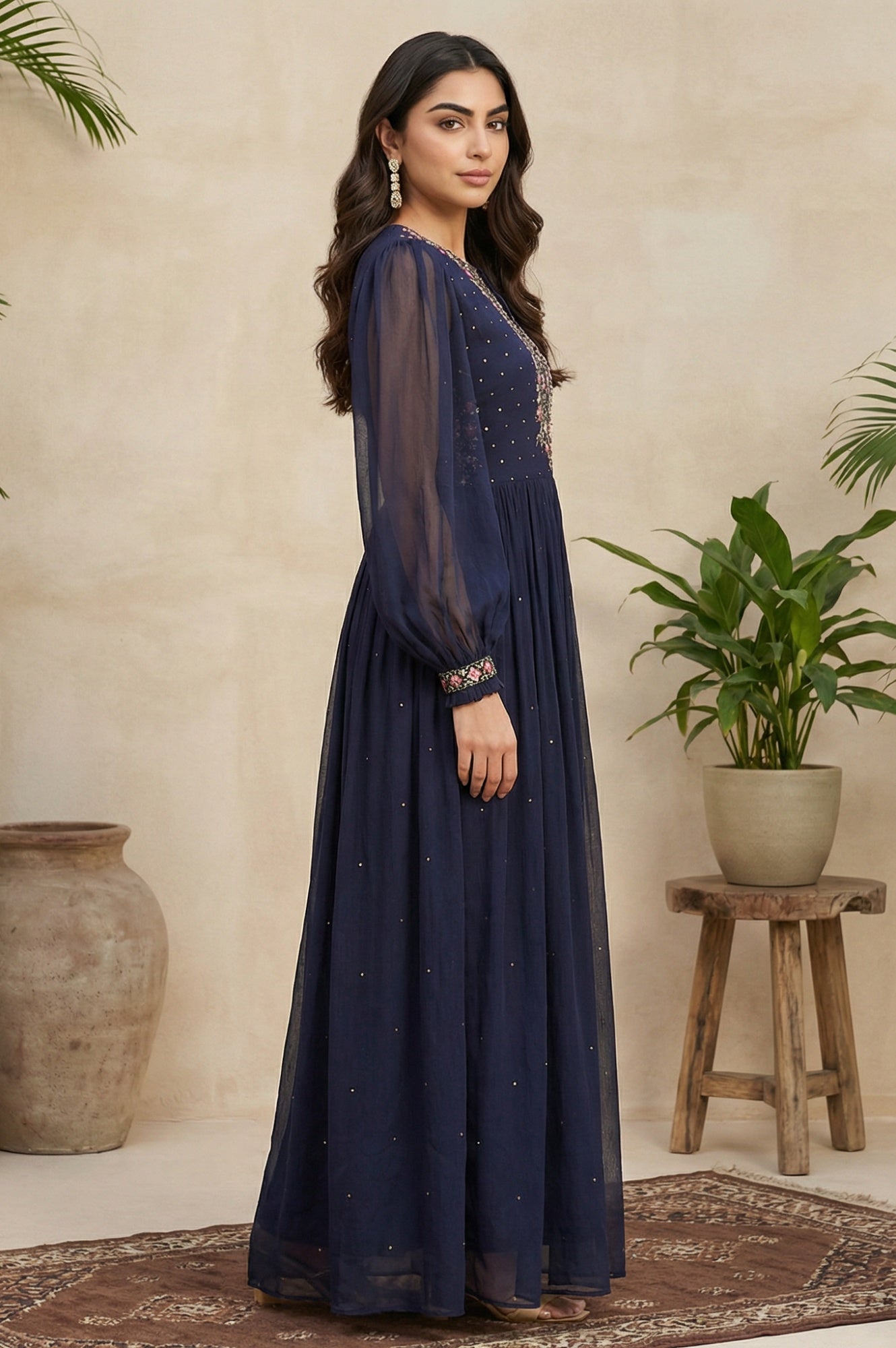 Navy Blue Chiffon Dress with Embroidered Yoke