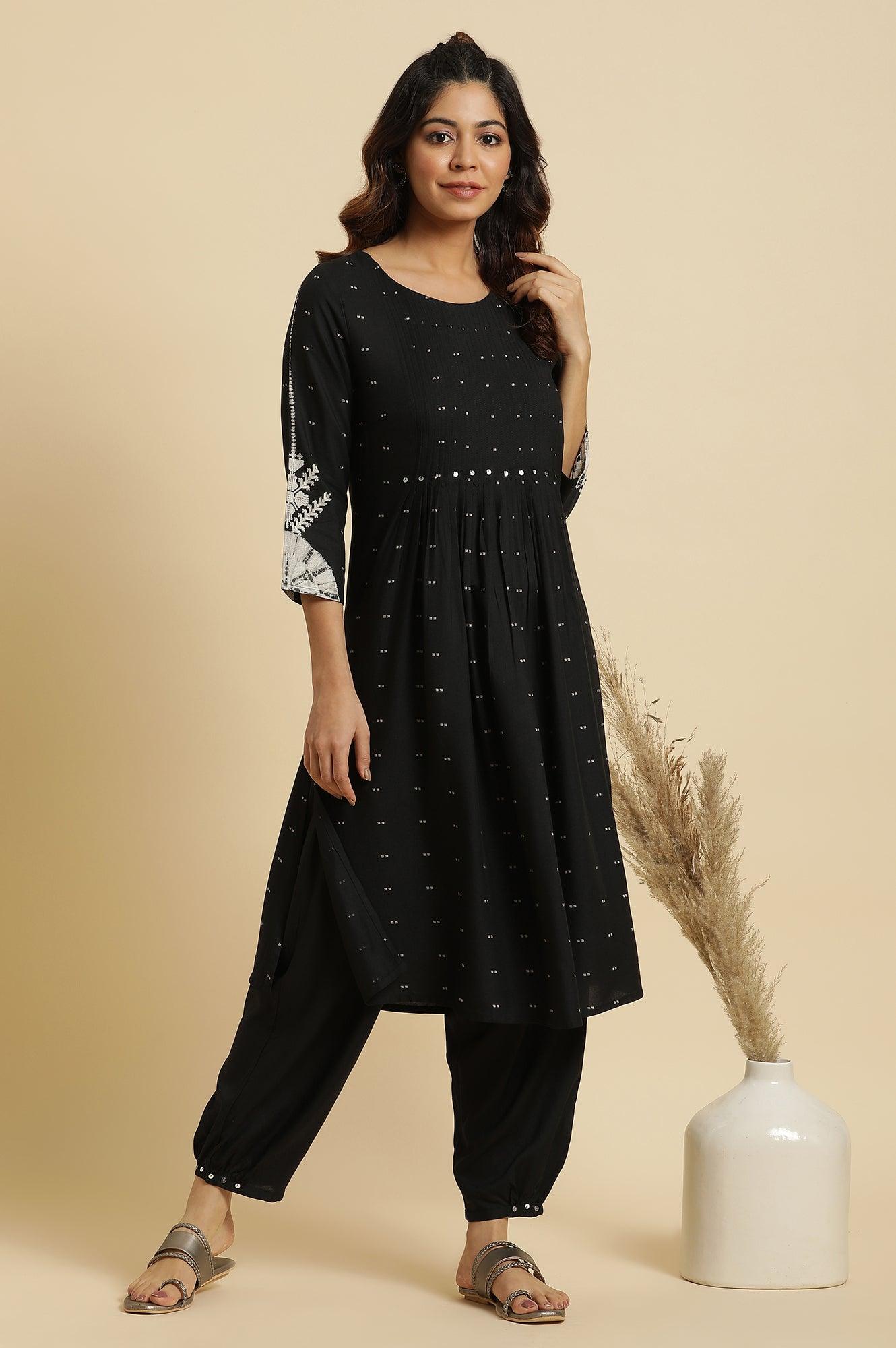 Black Flared Kurta With Bandani & Tie-Dye Detail - wforwoman
