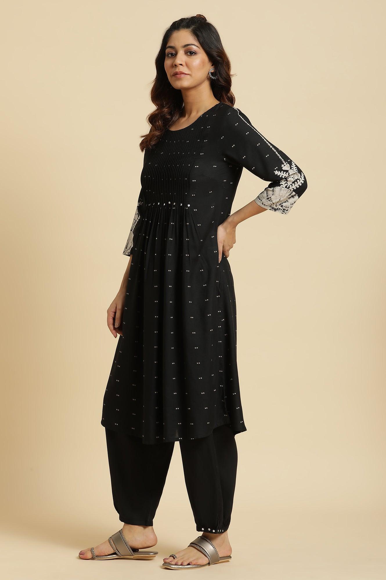 Black Flared Kurta With Bandani & Tie-Dye Detail - wforwoman