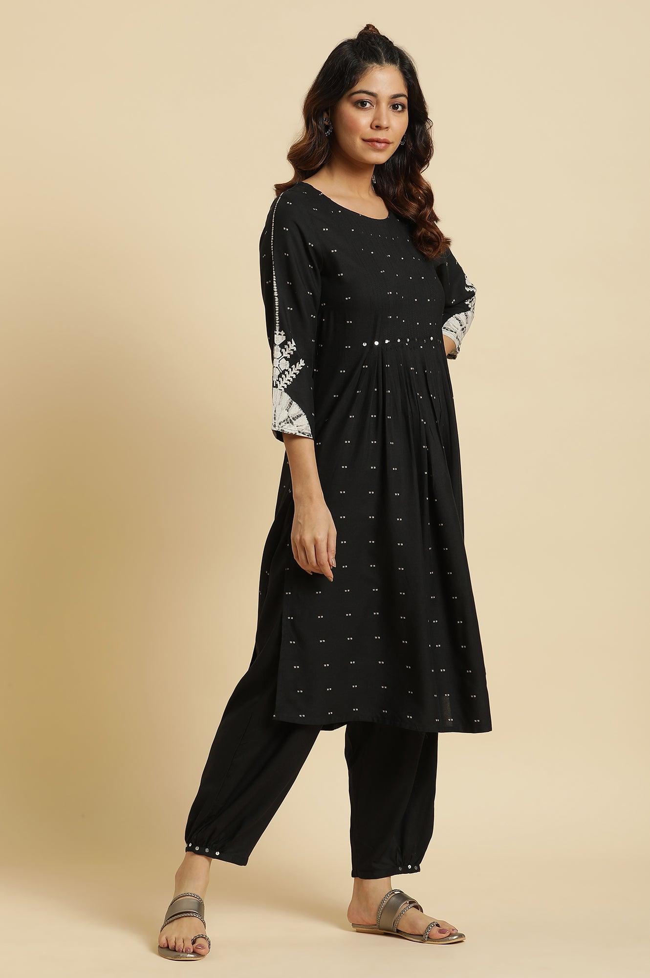 Black Flared Kurta With Bandani & Tie-Dye Detail - wforwoman
