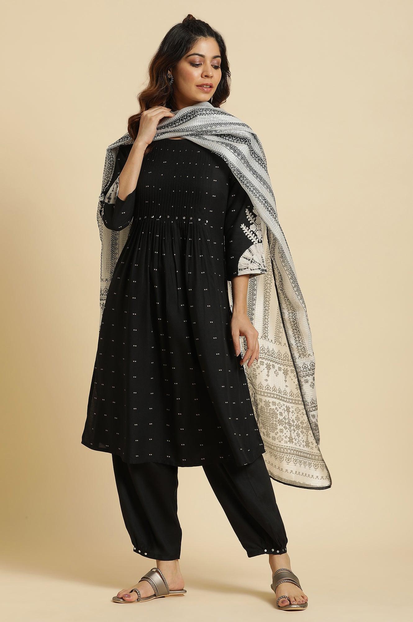 Black Flared Kurta With Bandani & Tie-Dye Detail - wforwoman