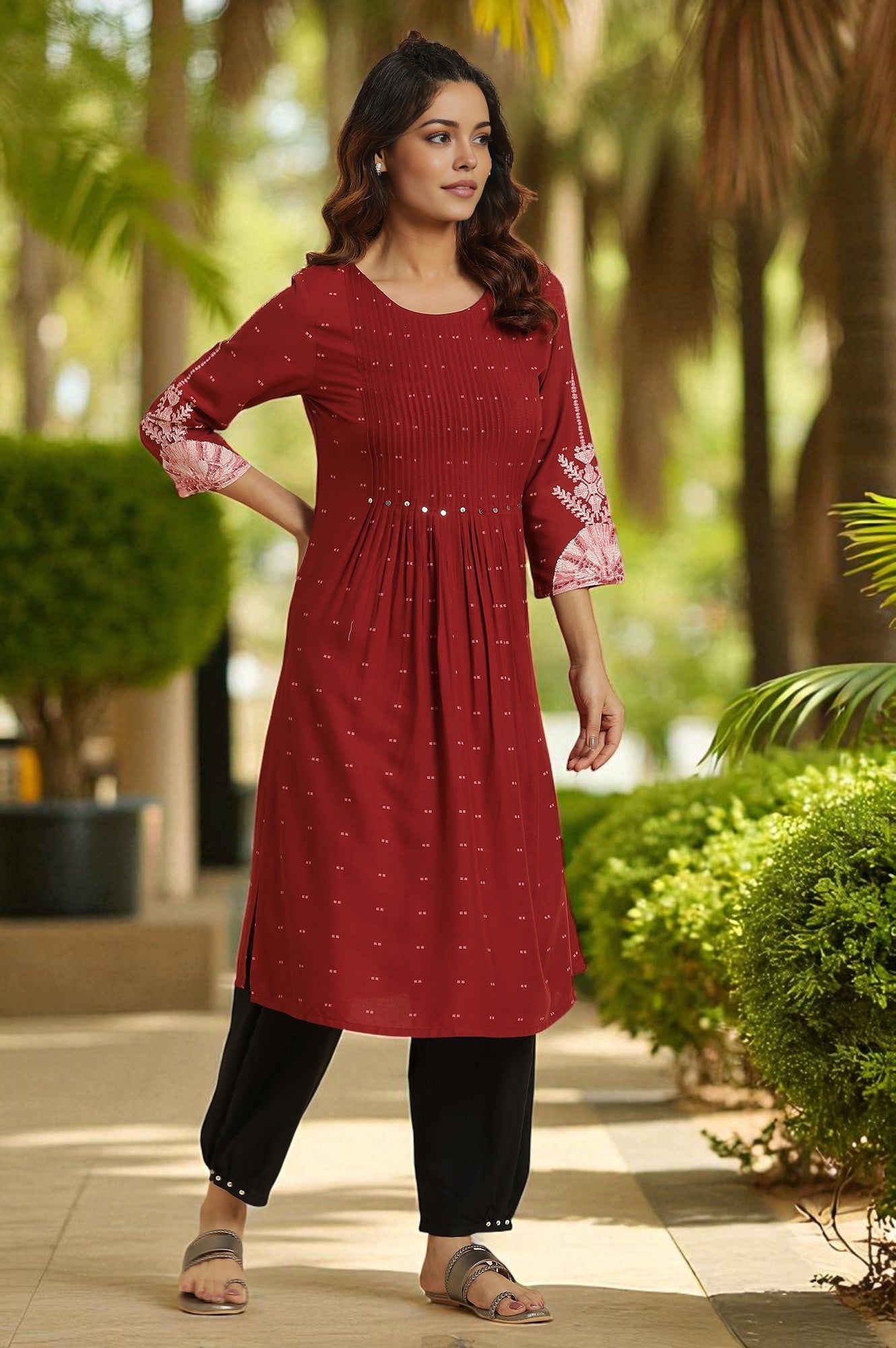 Maroon Flared Kurta with Bandhani Tie Dye Detail