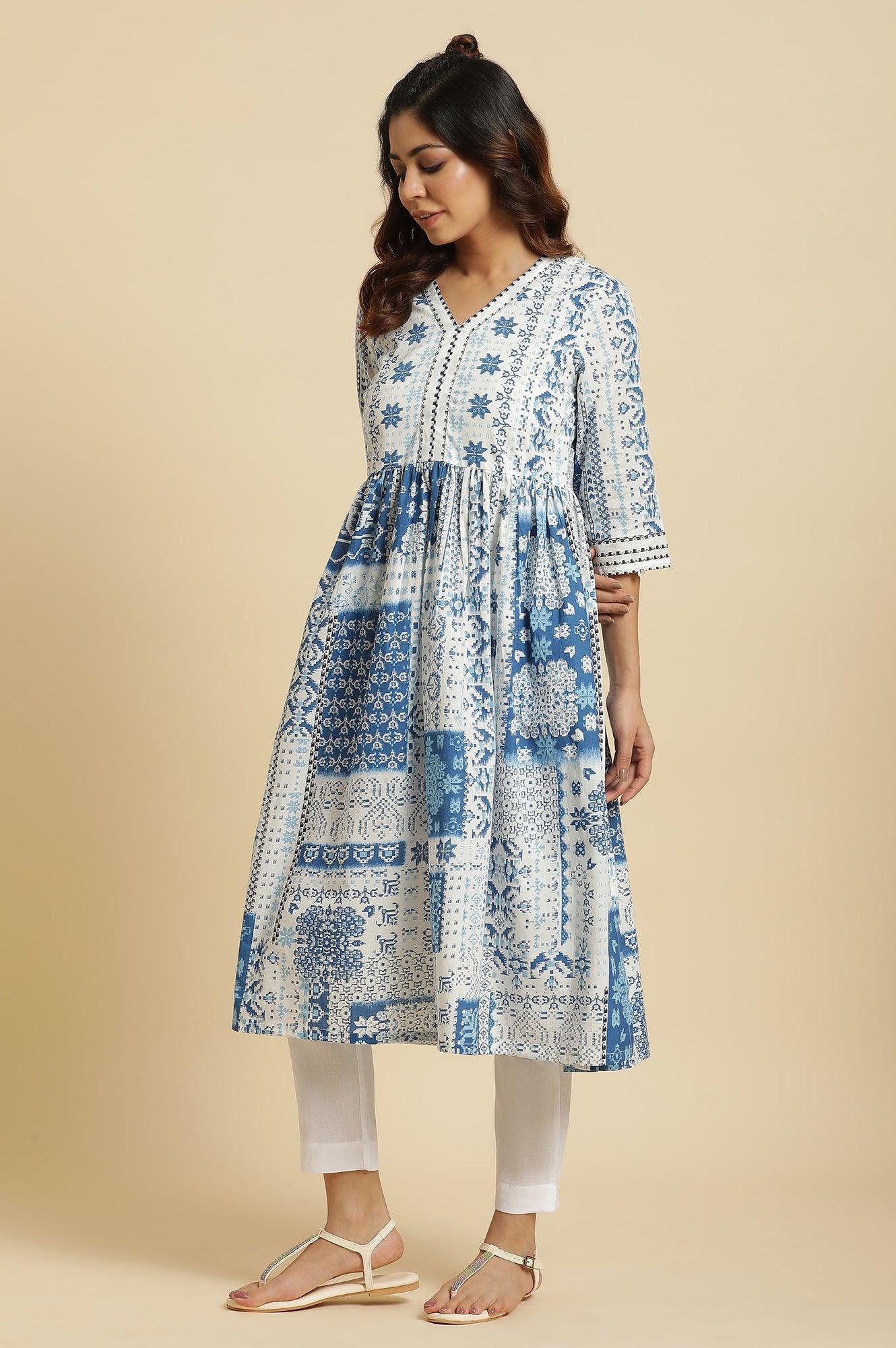 Ecru Flared Kurta With Blue Geometric Print - wforwoman
