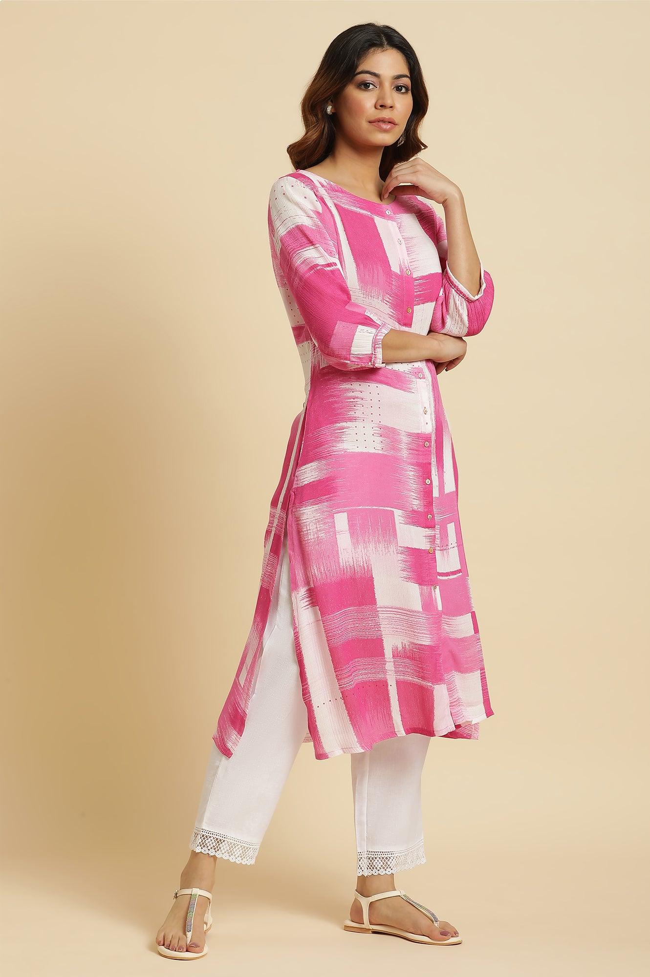 Pink & White Abstract Print Kurta - wforwoman