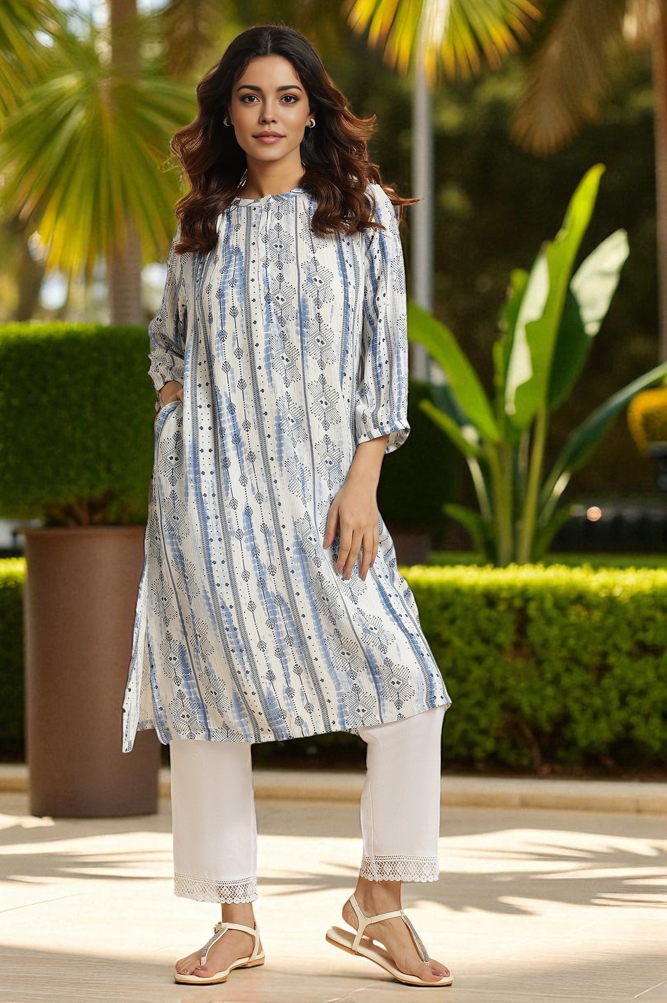 White and Blue Abstract Printed Mandarin Collar Straight Kurta