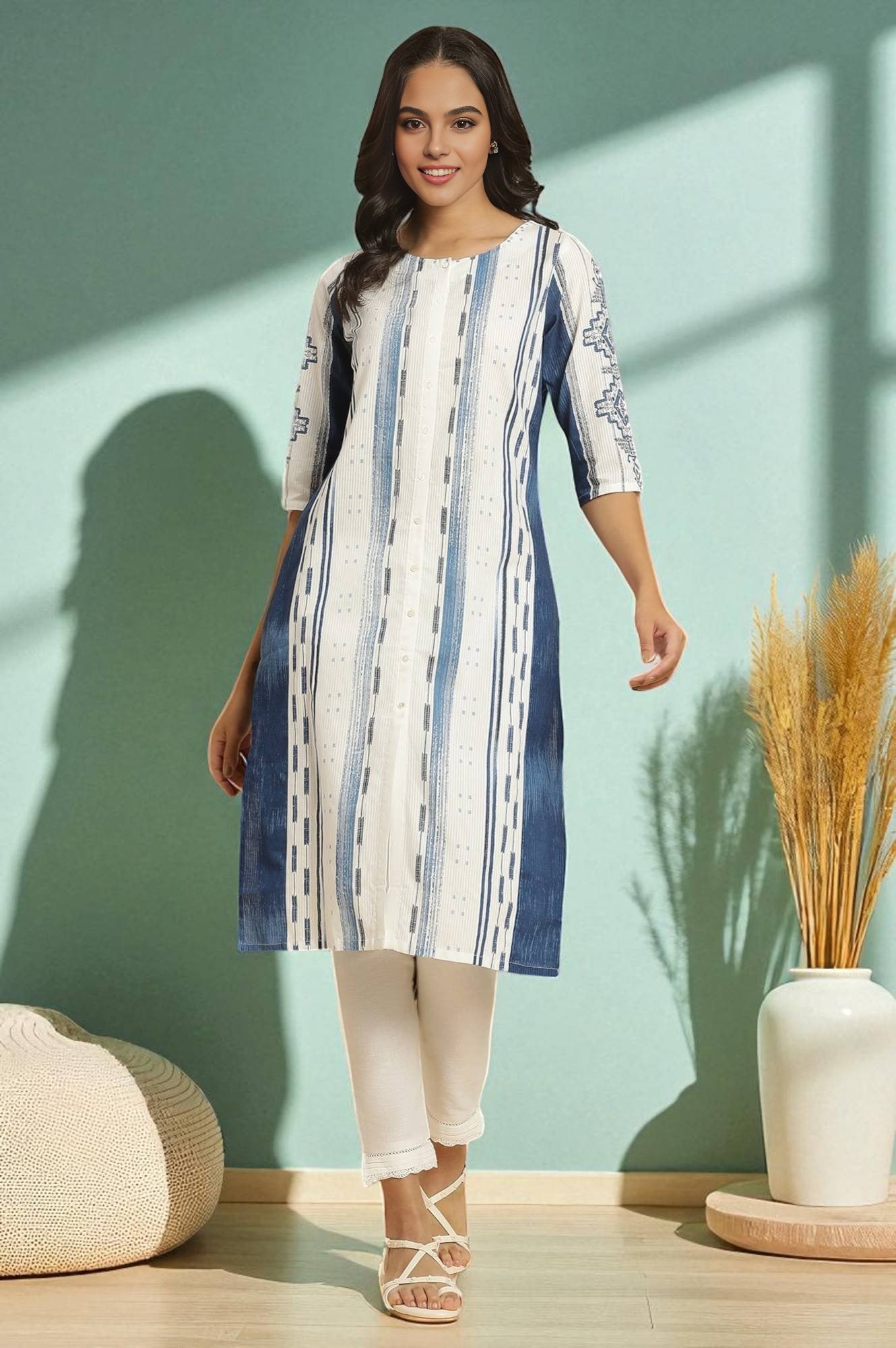 White & Blue Kantha Printed Kurta