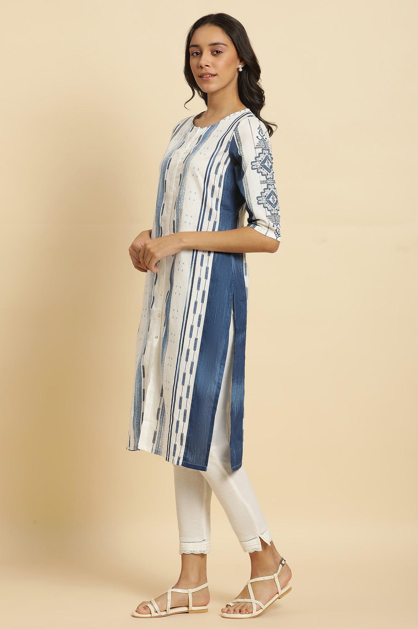 White & Blue Kantha Printed Kurta - wforwoman